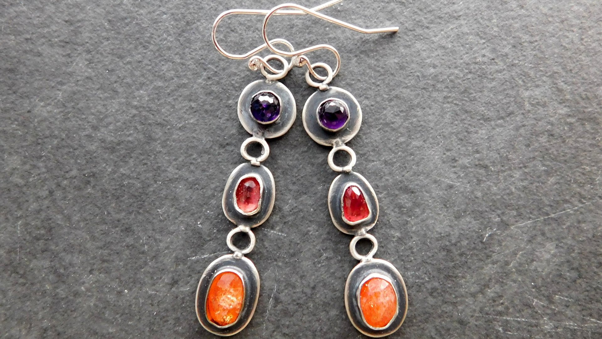 Orange Sunstone Deep Pink Spinel Purple Amethyst Jewel Tone Multi Stone Sterling Silver Earrings