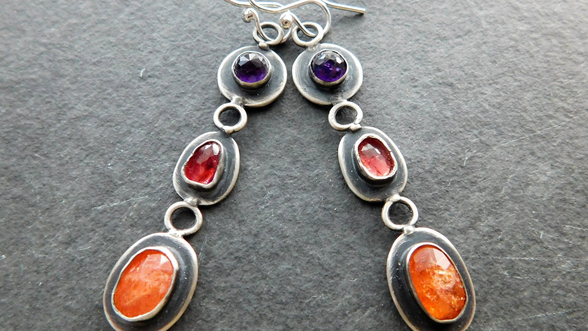 Orange Sunstone Deep Pink Spinel Purple Amethyst Jewel Tone Multi Stone Sterling Silver Earrings