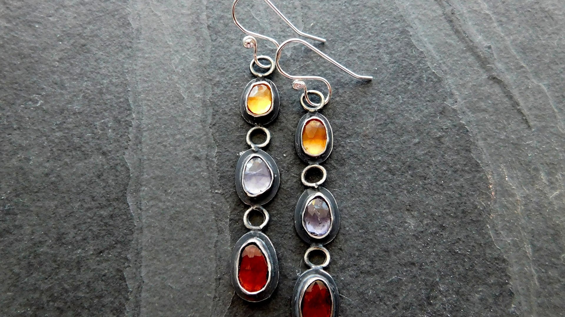 Citrine Iolite Garnet Multi Stone Oxidized Sterling Silver Long Gemstone Dangle Earrings