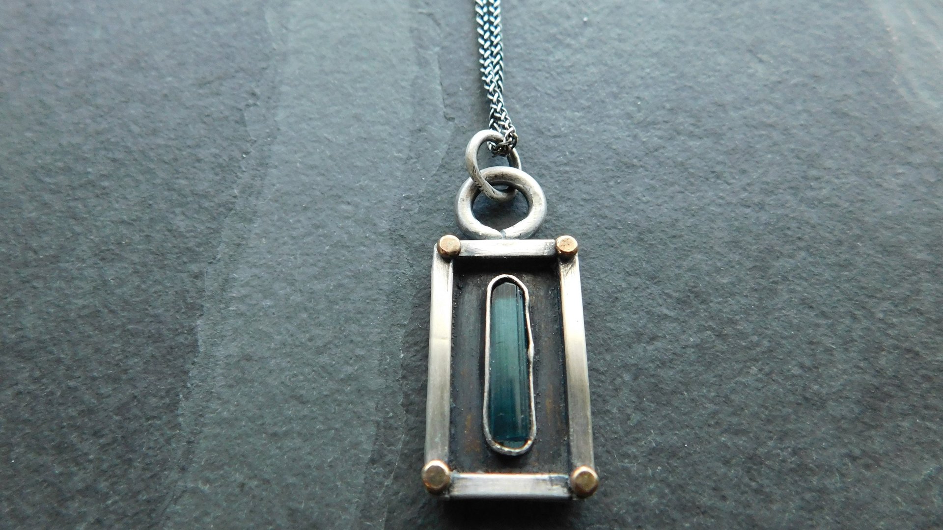 Indicolite Tourmaline Raw Crystal Mineral Oxidized Sterling Silver 14K Gold Mixed Metal Pendant Necklace