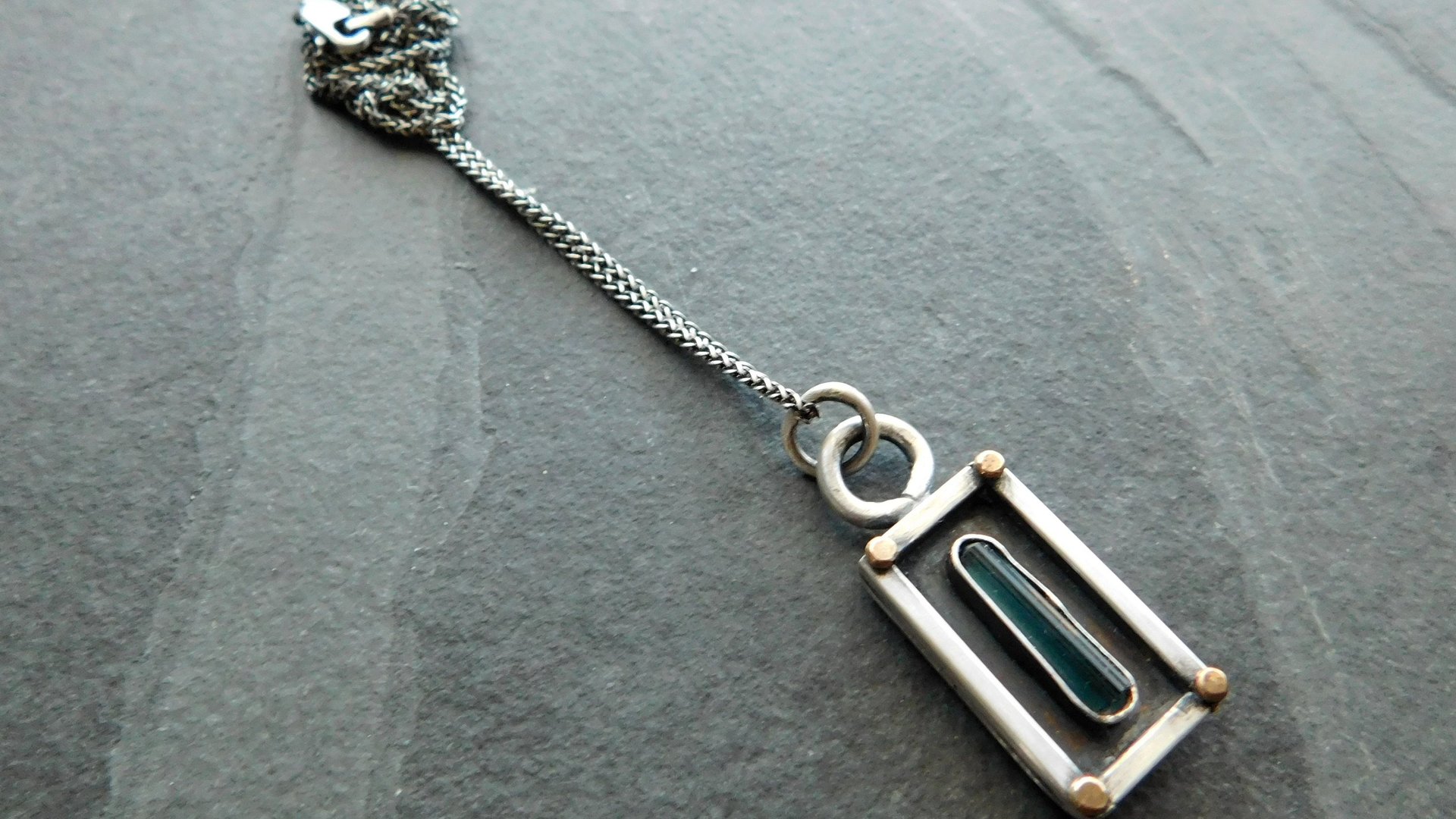 Indicolite Tourmaline Raw Crystal Mineral Oxidized Sterling Silver 14K Gold Mixed Metal Pendant Necklace