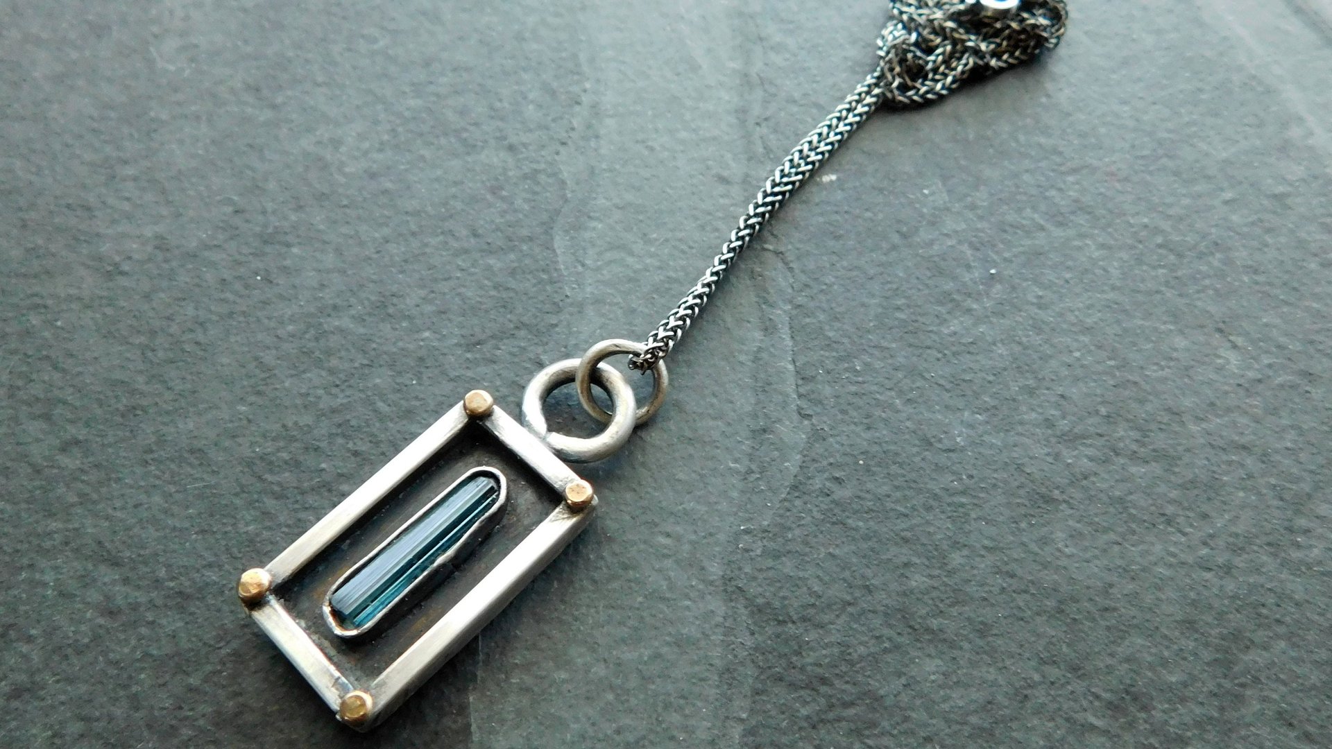Indicolite Tourmaline Raw Crystal Mineral Oxidized Sterling Silver 14K Gold Mixed Metal Pendant Necklace
