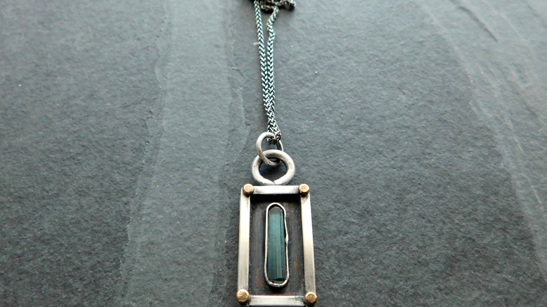 Indicolite Tourmaline Raw Crystal Mineral Oxidized Sterling Silver 14K Gold Mixed Metal Pendant Necklace