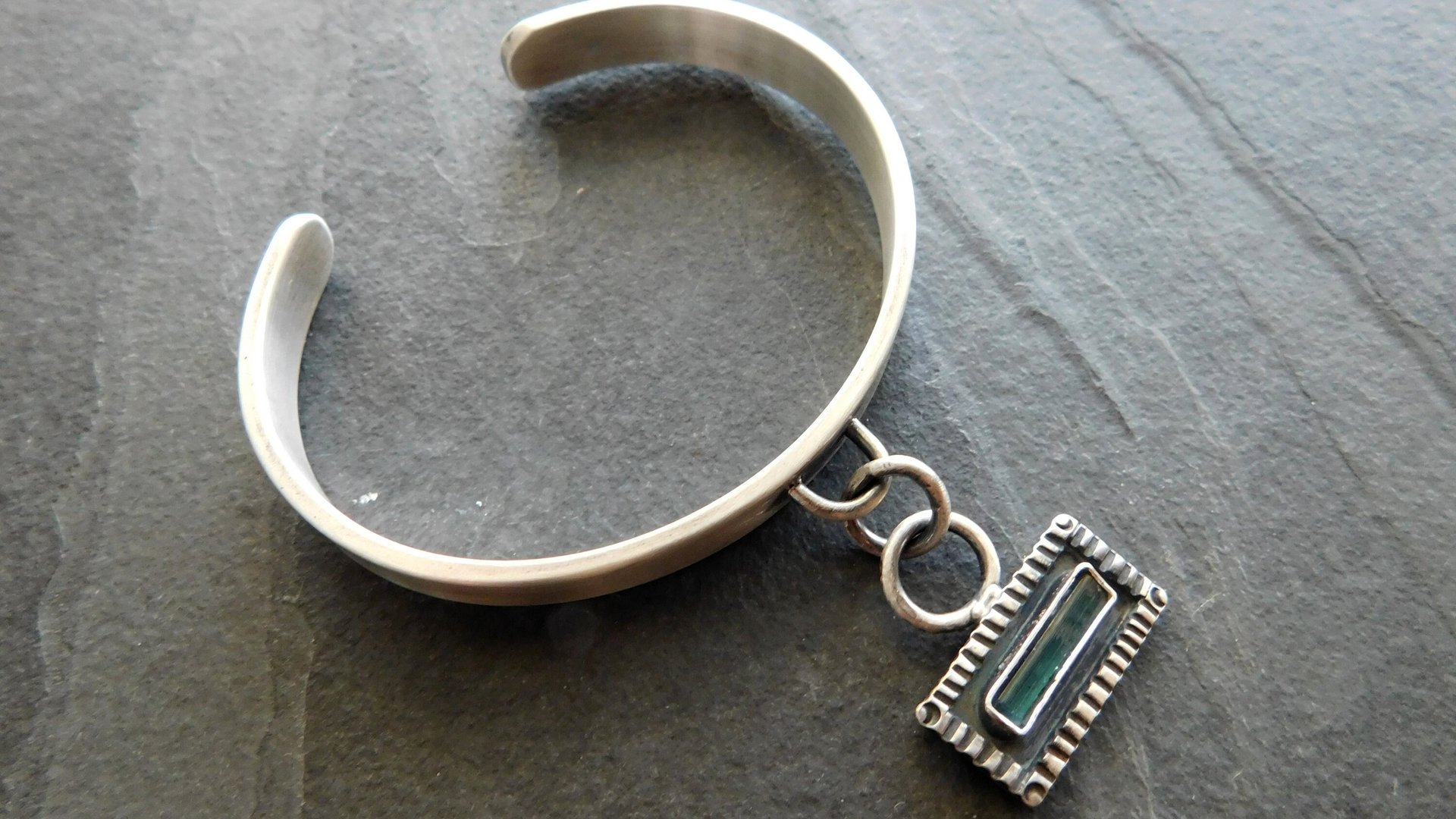 Indicolite Tourmaline Raw Mineral Dangle Charm Sterling Silver Cuff Bracelet