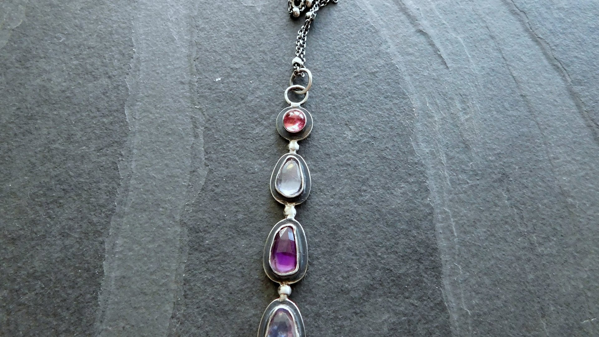 Long Gemstone Dangle Oxidized Sterling Silver Pendant Dark Pink Tourmaline Iolite Amethyst Multi Stone Necklace