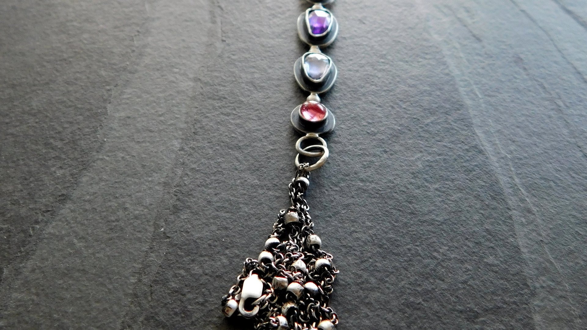 Long Gemstone Dangle Oxidized Sterling Silver Pendant Dark Pink Tourmaline Iolite Amethyst Multi Stone Necklace