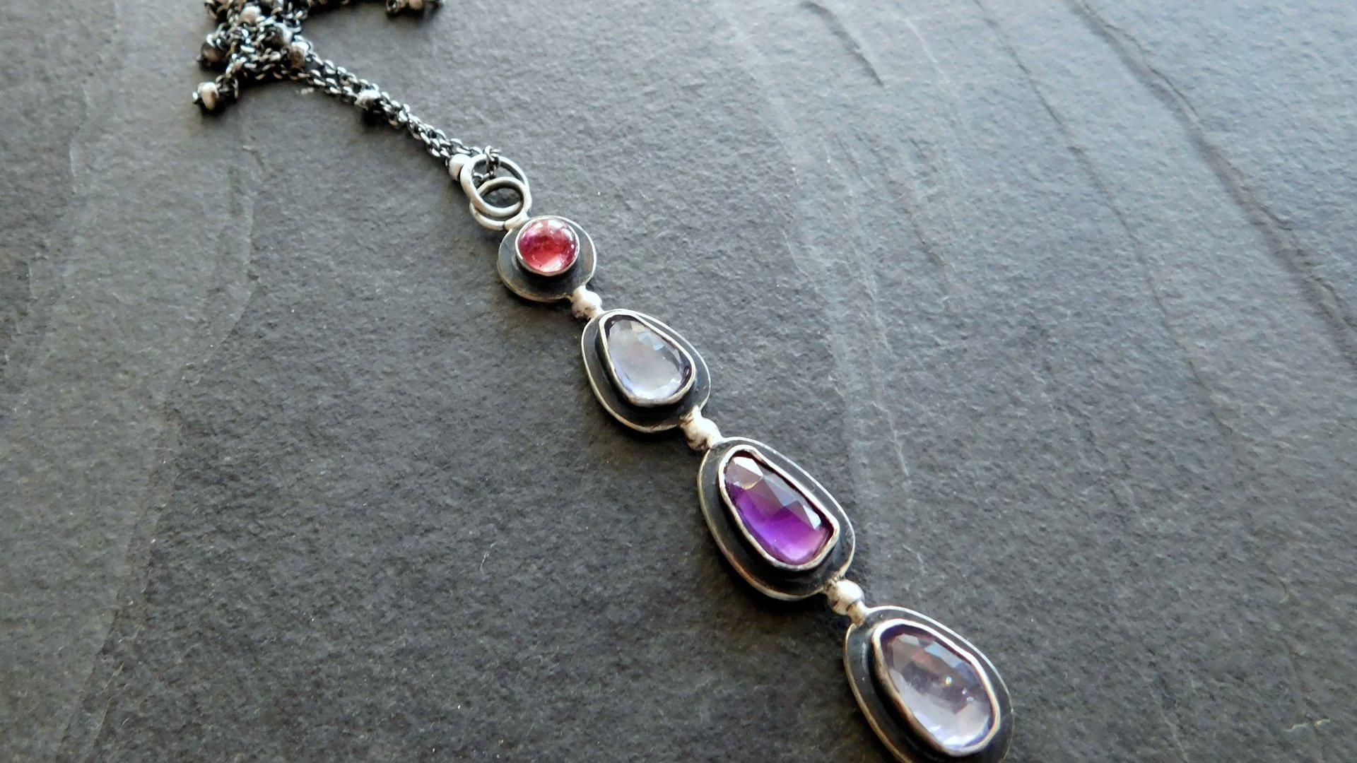 Long Gemstone Dangle Oxidized Sterling Silver Pendant Dark Pink Tourmaline Iolite Amethyst Multi Stone Necklace