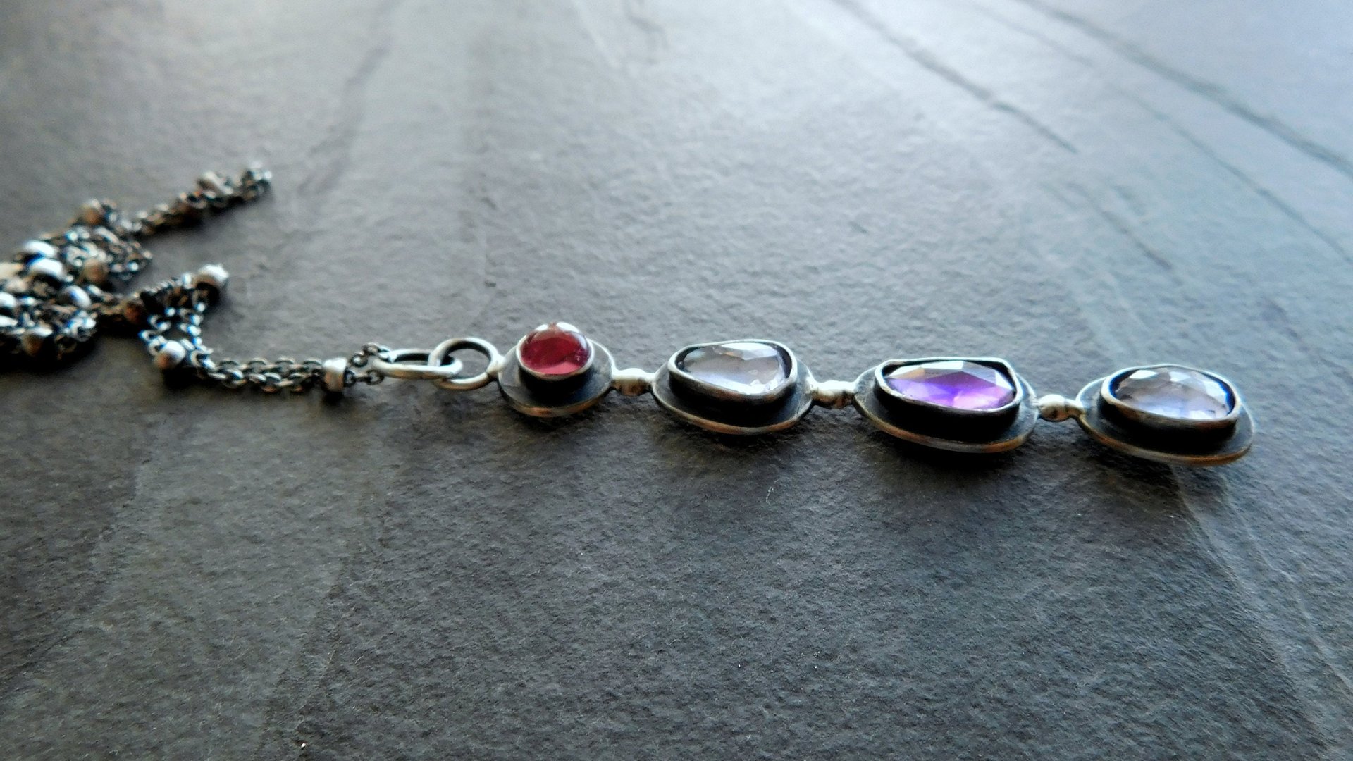 Long Gemstone Dangle Oxidized Sterling Silver Pendant Dark Pink Tourmaline Iolite Amethyst Multi Stone Necklace