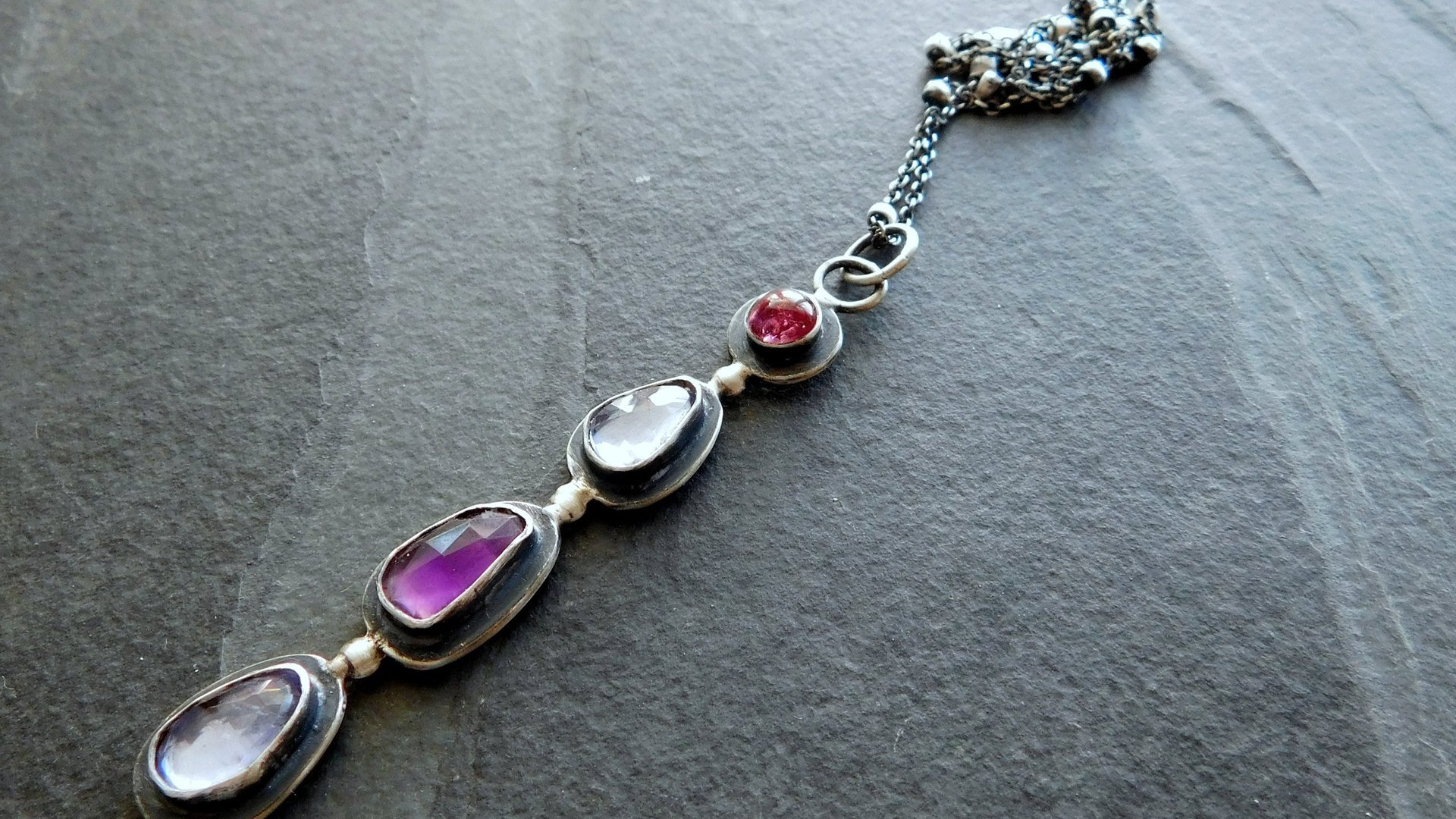 Long Gemstone Dangle Oxidized Sterling Silver Pendant Dark Pink Tourmaline Iolite Amethyst Multi Stone Necklace
