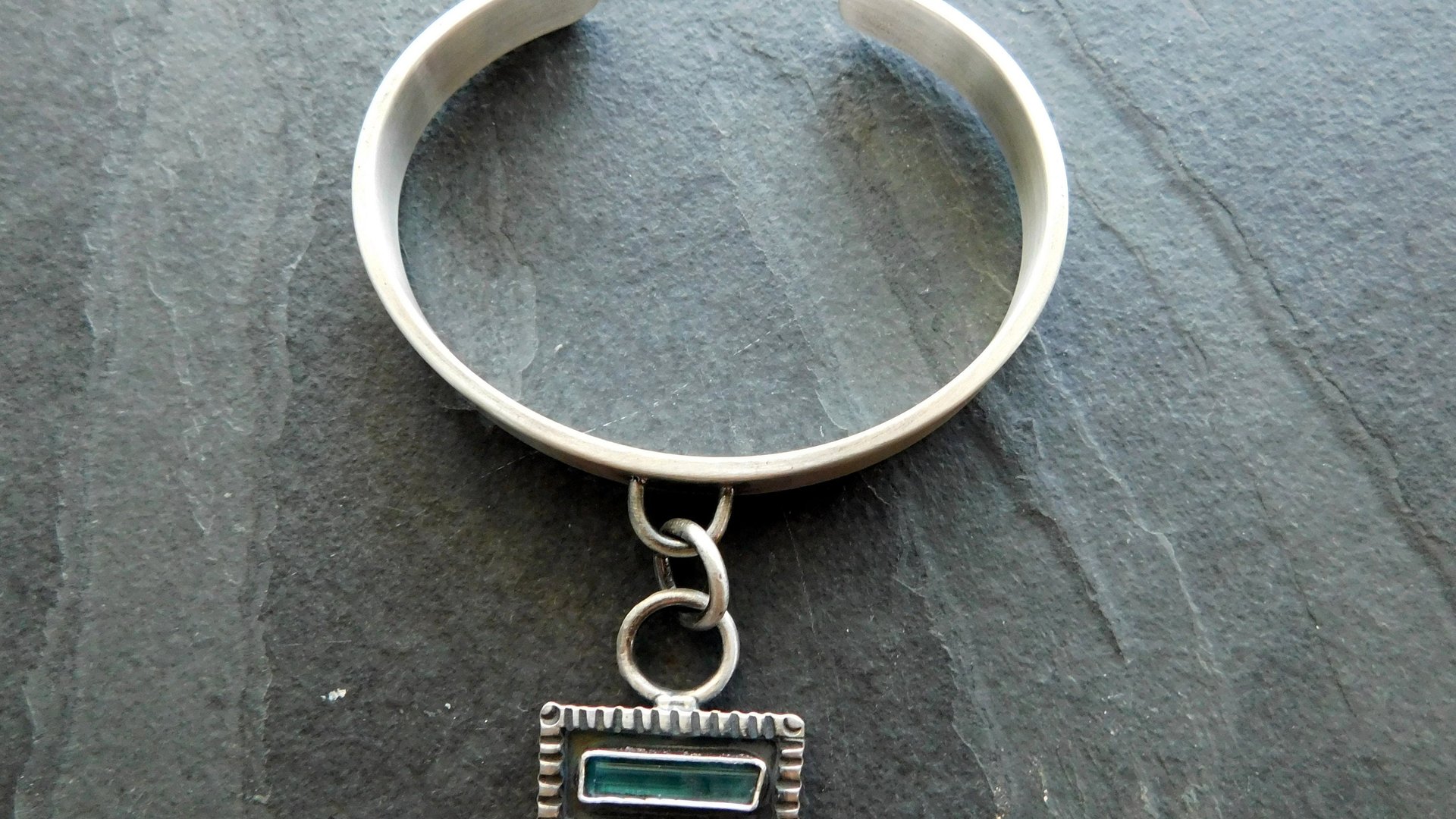 Indicolite Tourmaline Raw Mineral Dangle Charm Sterling Silver Cuff Bracelet