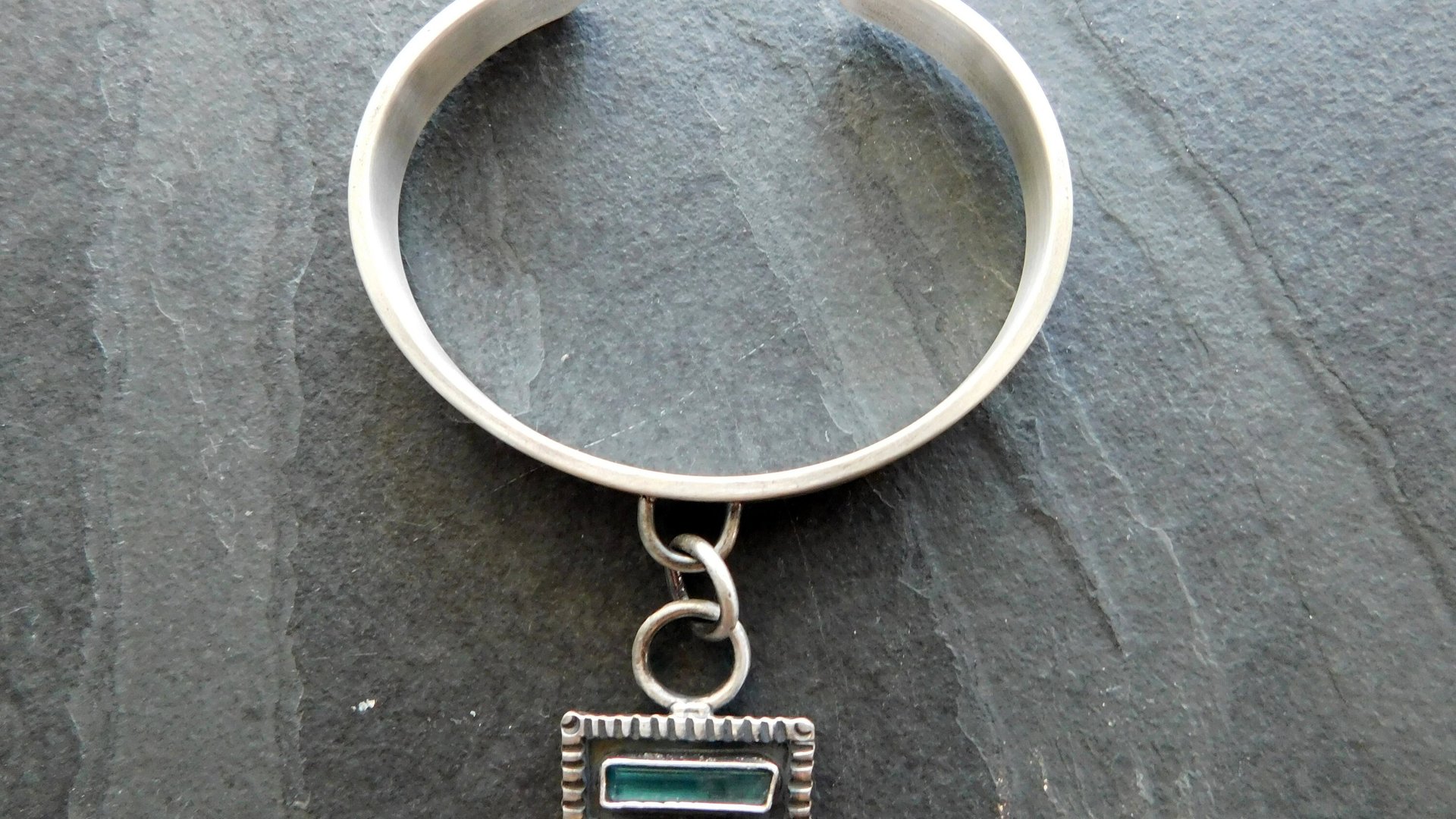 Indicolite Tourmaline Raw Mineral Dangle Charm Sterling Silver Cuff Bracelet