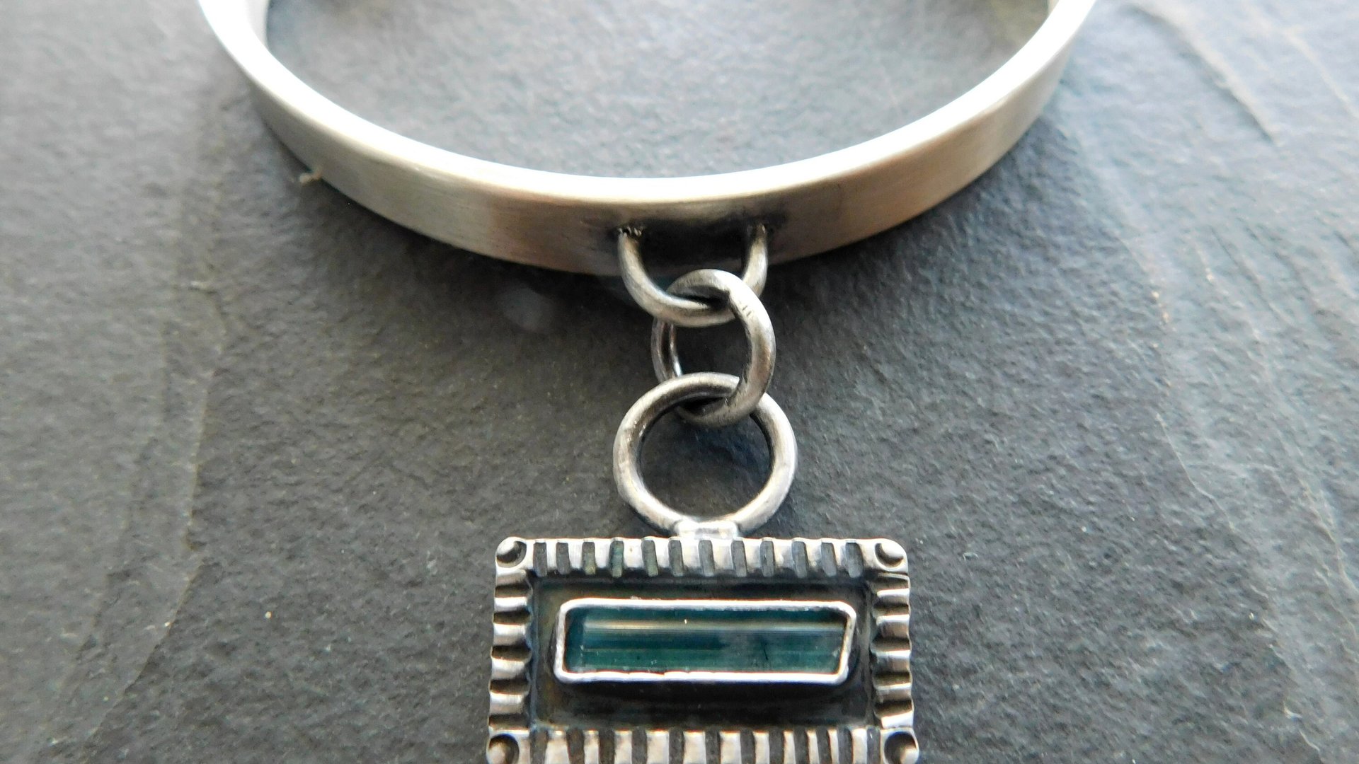 Indicolite Tourmaline Raw Mineral Dangle Charm Sterling Silver Cuff Bracelet