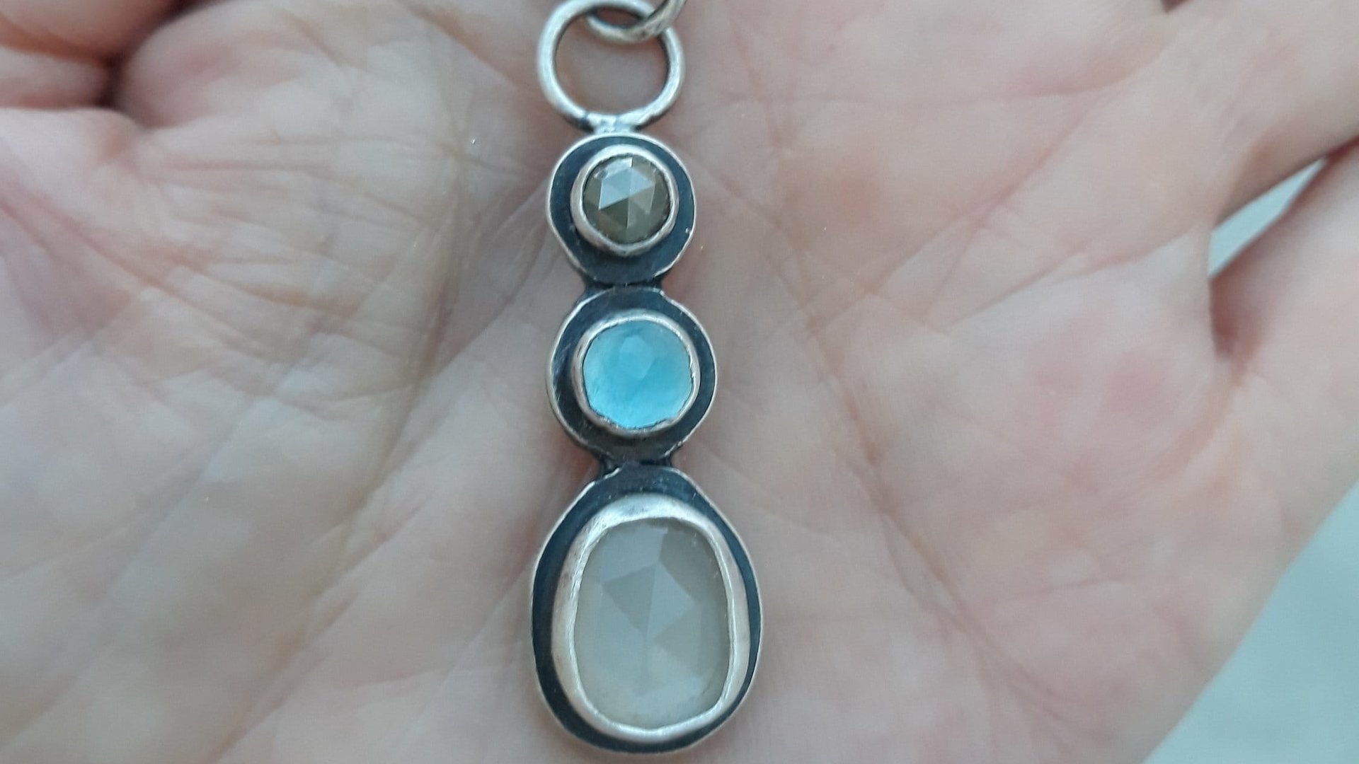 Grey Moonstone Aquamarine Grey Diamond Multi Stone Oxidized Sterling Silver Pendant Necklace