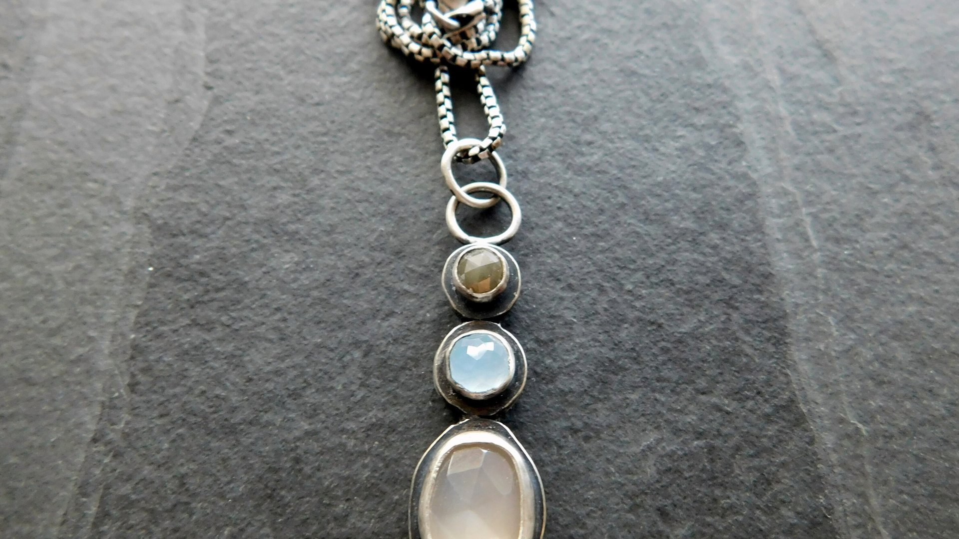 Grey Moonstone Aquamarine Grey Diamond Multi Stone Oxidized Sterling Silver Pendant Necklace