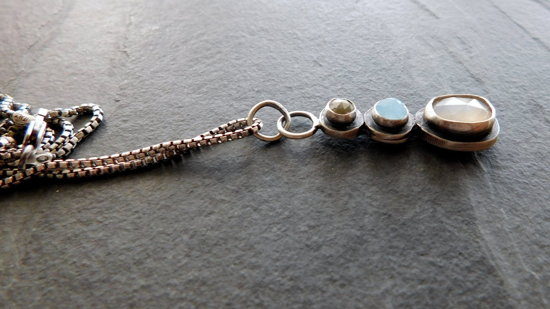 Grey Moonstone Aquamarine Grey Diamond Multi Stone Oxidized Sterling Silver Pendant Necklace