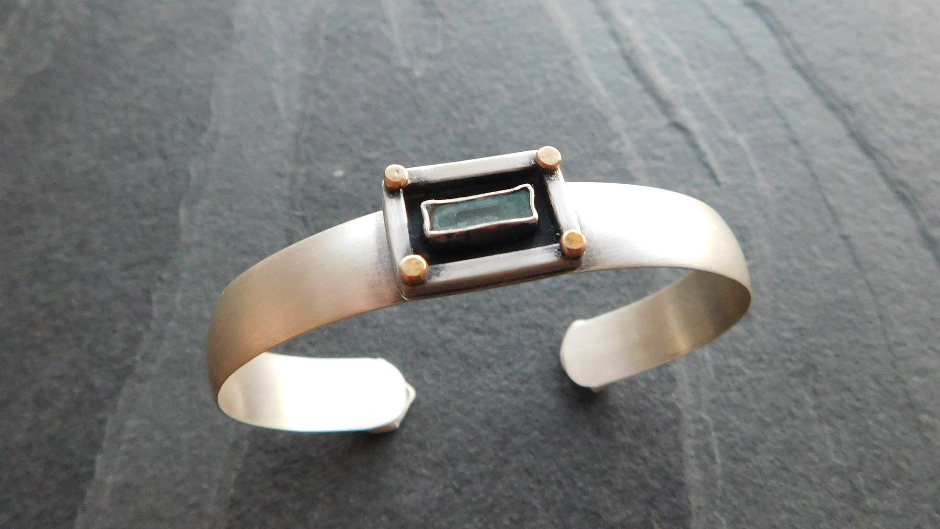 Aquamarine Raw Crystal Oxidized Sterling Silver 14K Gold Dot Mixed Metal Cuff Bracelet