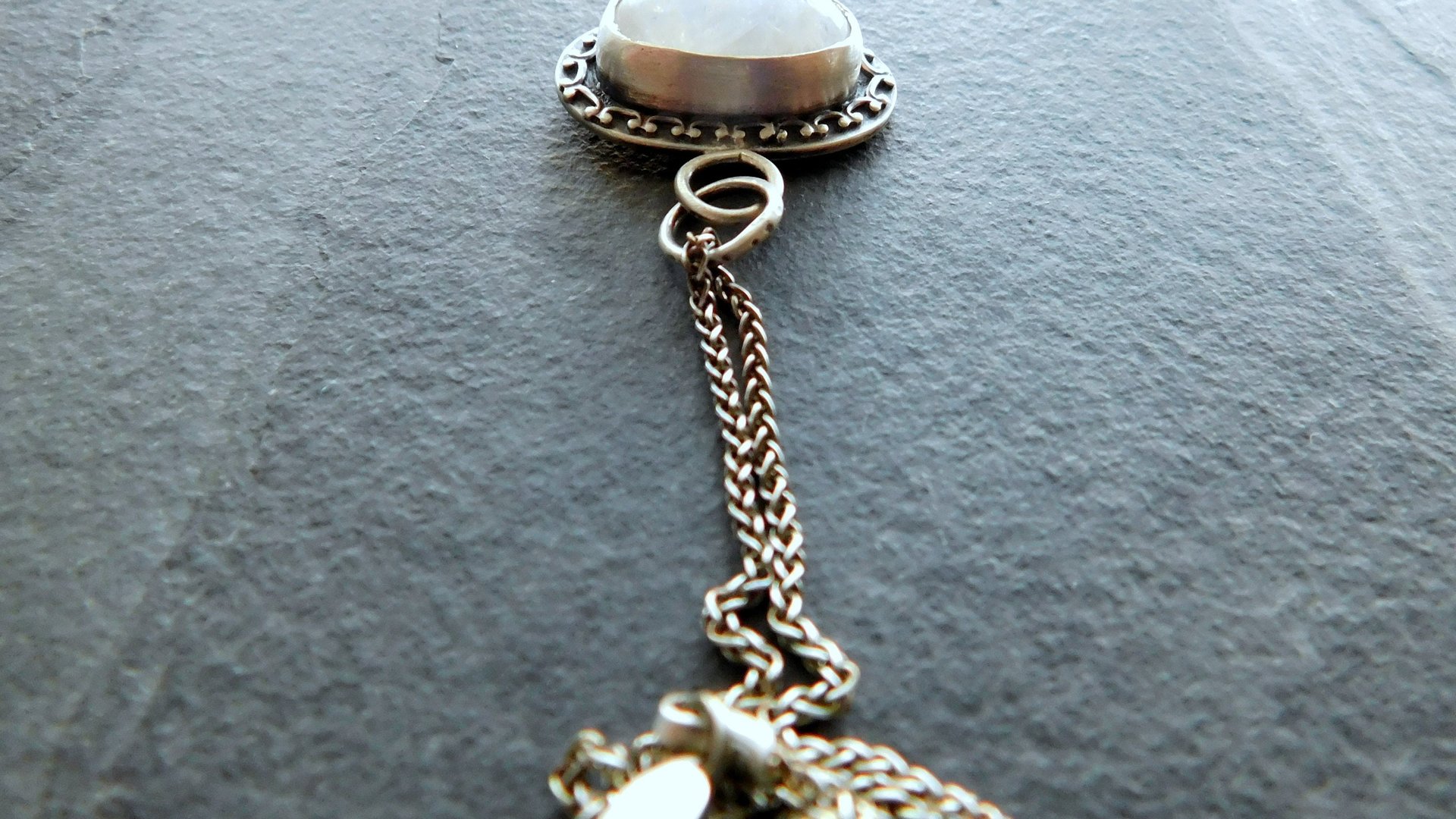 Rainbow Moonstone Sterling Silver Ornate Patterned Wire Pendant Necklace