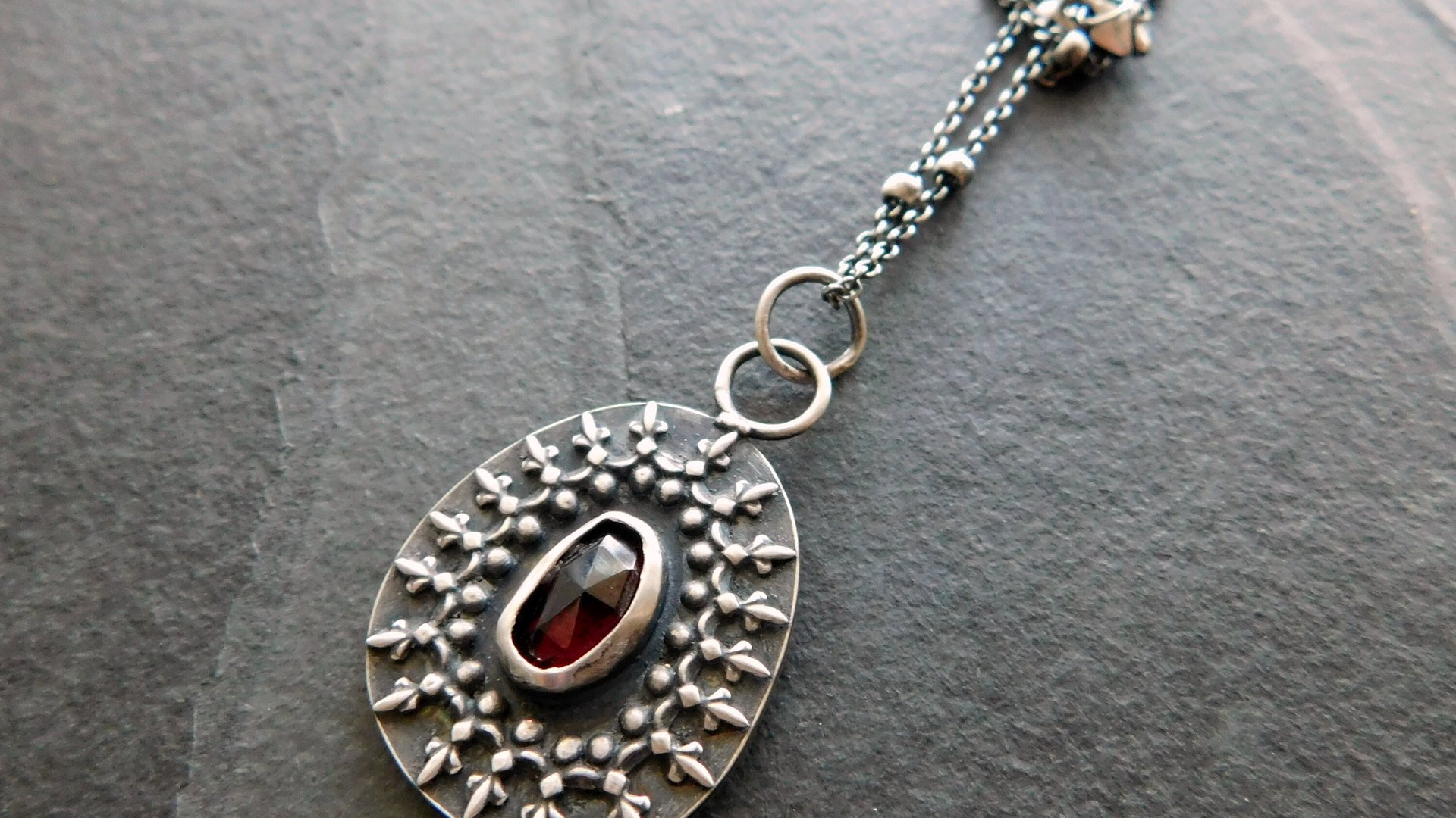 Deep Red Garnet Oxidized Sterling Silver Ornate Wire Pendant Necklace