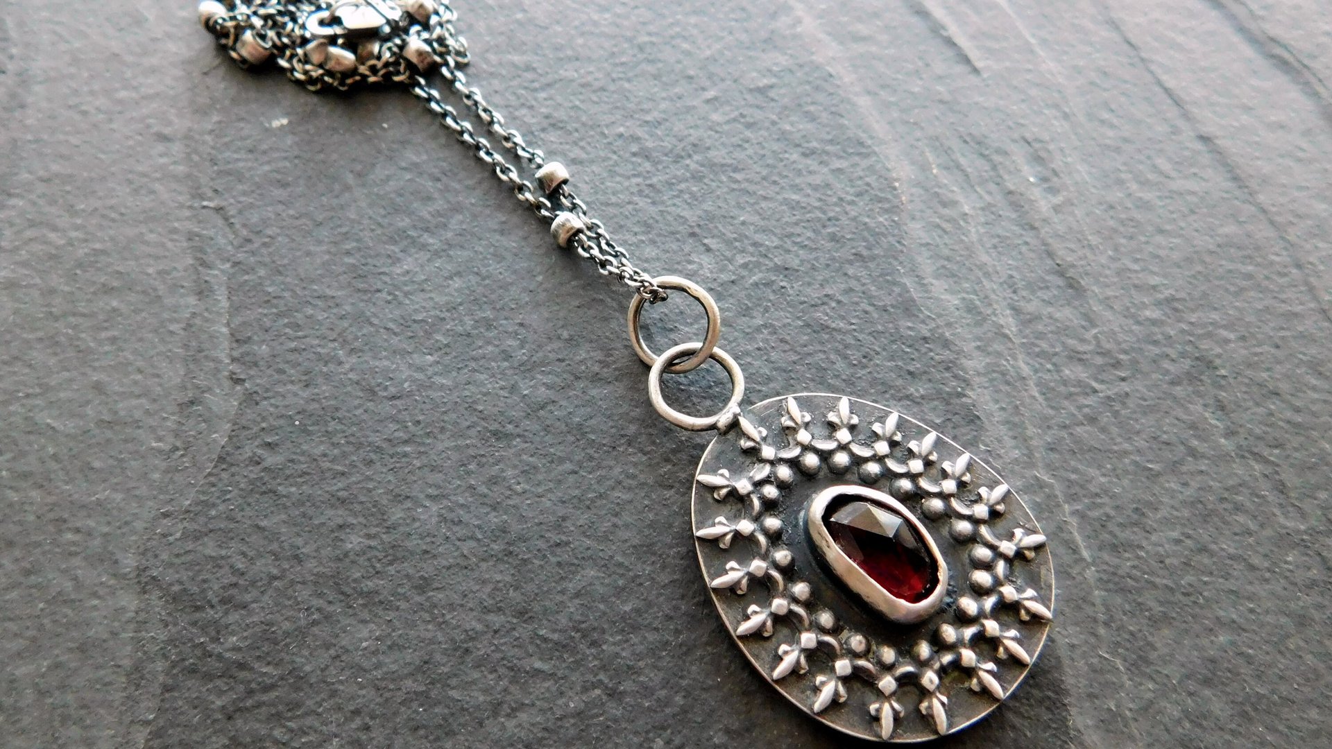 Deep Red Garnet Oxidized Sterling Silver Ornate Wire Pendant Necklace