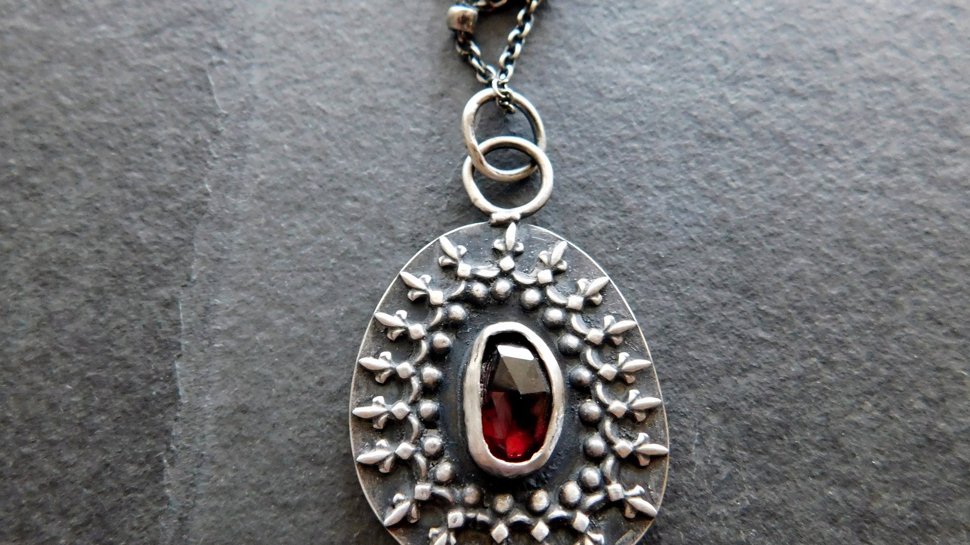 Deep Red Garnet Oxidized Sterling Silver Ornate Wire Pendant Necklace