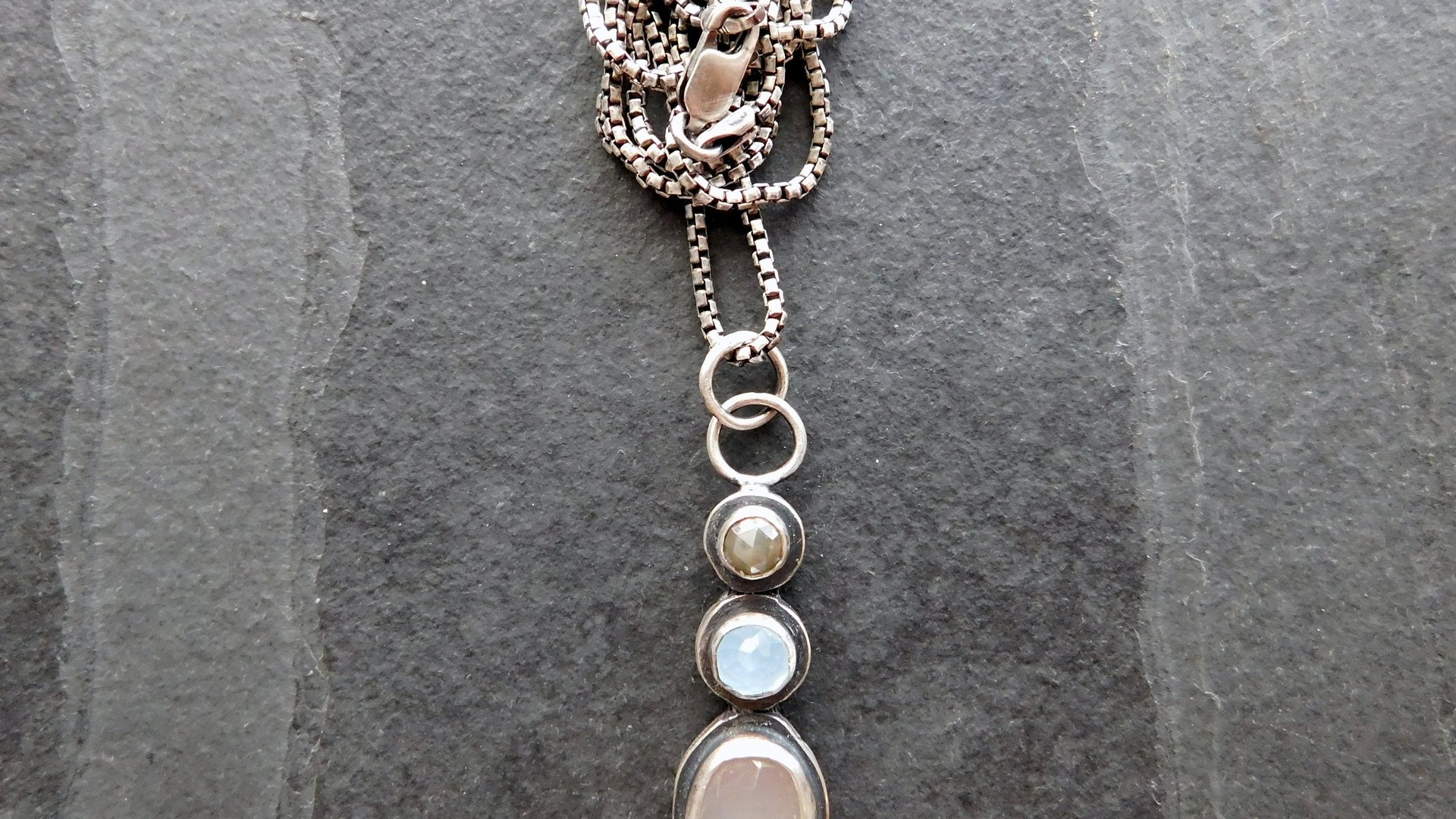 Grey Moonstone Aquamarine Grey Diamond Multi Stone Oxidized Sterling Silver Pendant Necklace