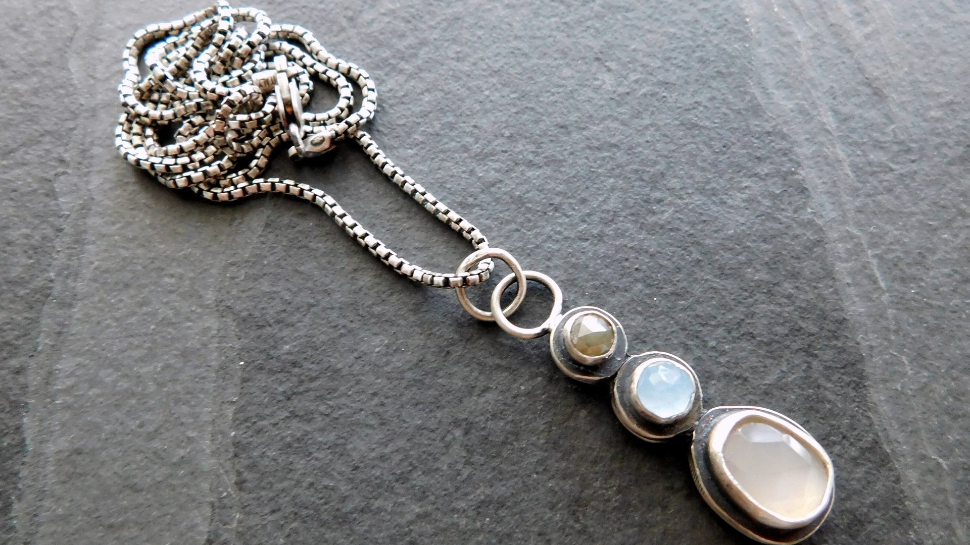 Grey Moonstone Aquamarine Grey Diamond Multi Stone Oxidized Sterling Silver Pendant Necklace