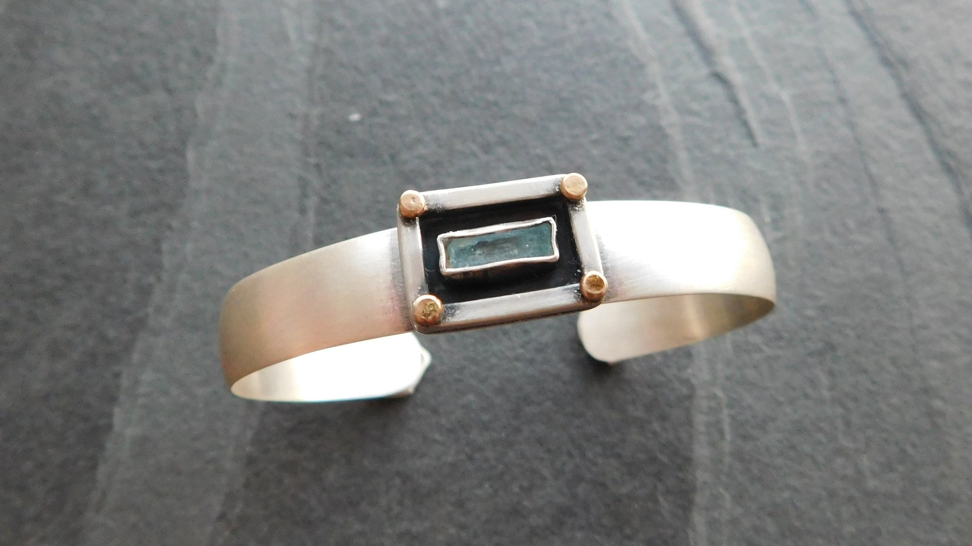 Aquamarine Raw Crystal Oxidized Sterling Silver 14K Gold Dot Mixed Metal Cuff Bracelet