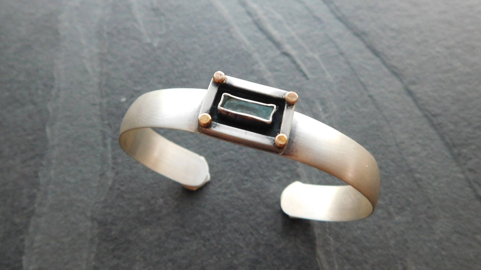 Aquamarine Raw Crystal Oxidized Sterling Silver 14K Gold Dot Mixed Metal Cuff Bracelet