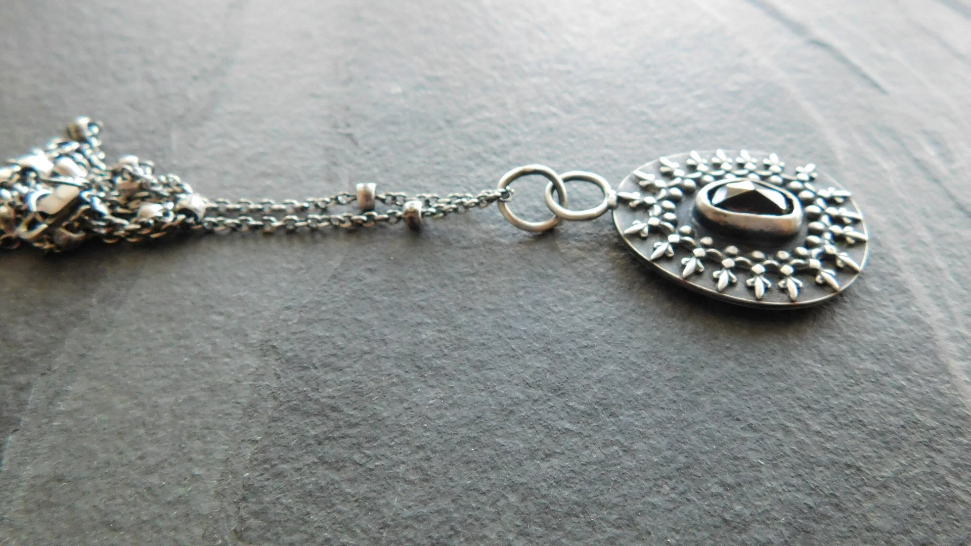 Deep Red Garnet Oxidized Sterling Silver Ornate Wire Pendant Necklace
