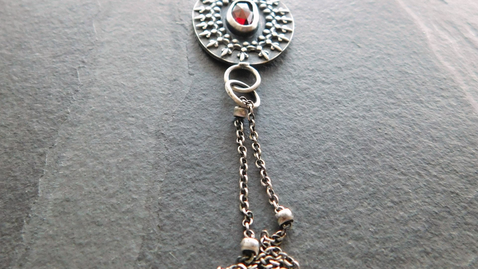 Deep Red Garnet Oxidized Sterling Silver Ornate Wire Pendant Necklace