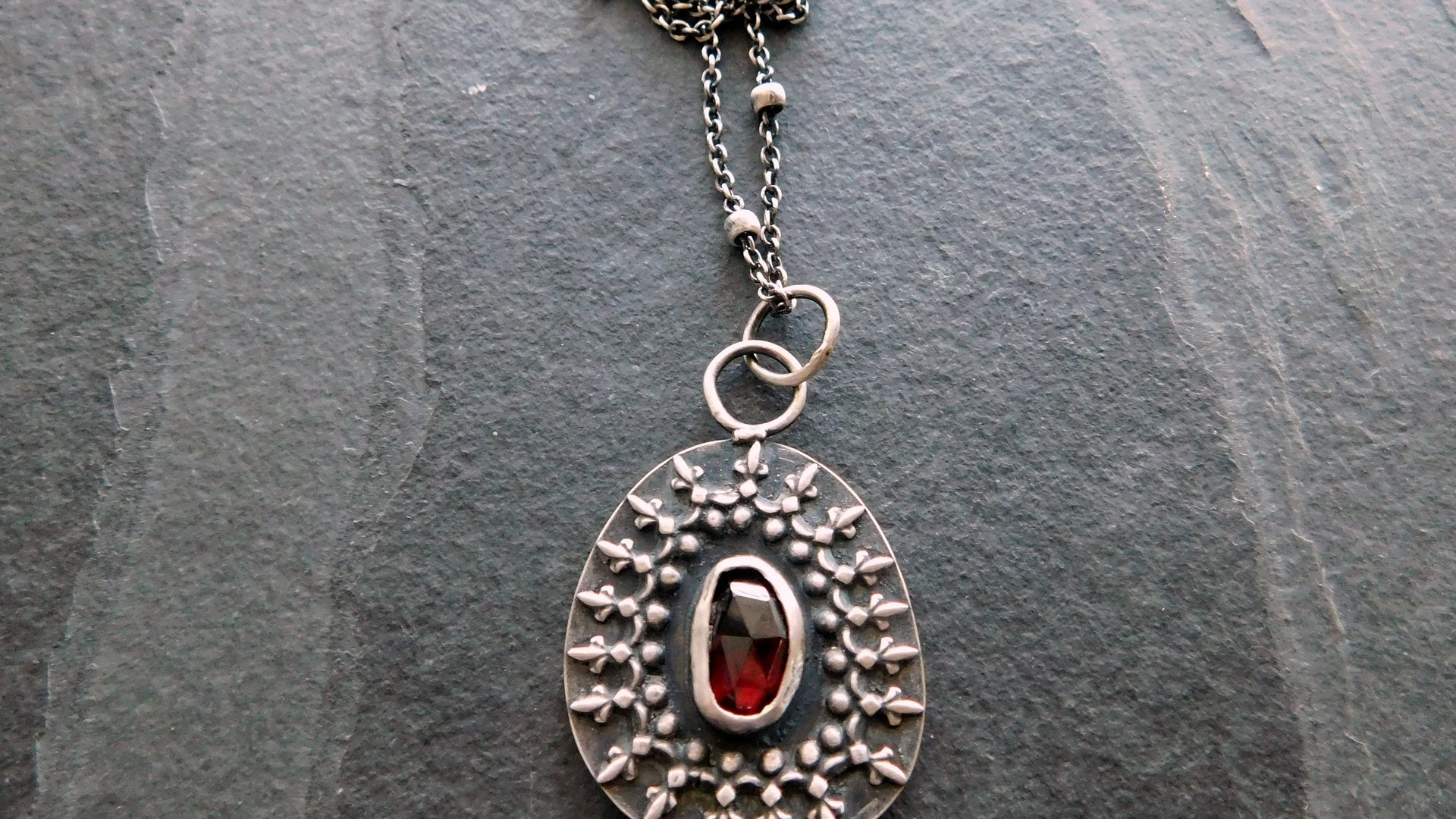 Deep Red Garnet Oxidized Sterling Silver Ornate Wire Pendant Necklace