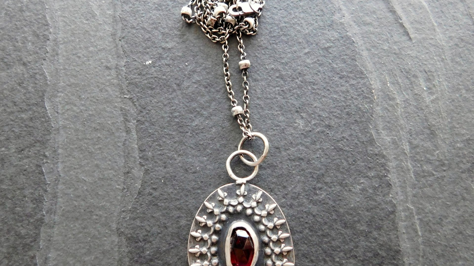 Deep Red Garnet Oxidized Sterling Silver Ornate Wire Pendant Necklace