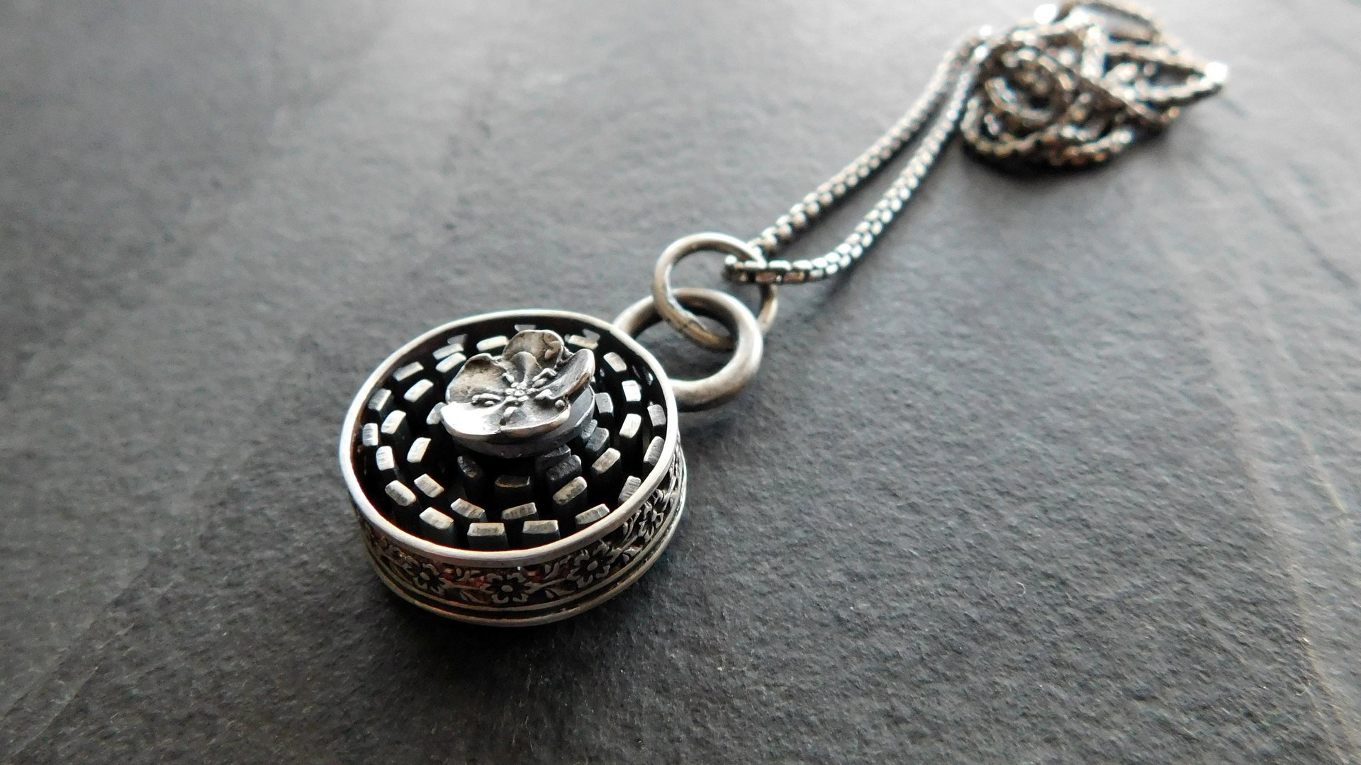 Sterling Silver Ornate Flower Wire Modern Industrial Floral Pendant Necklace