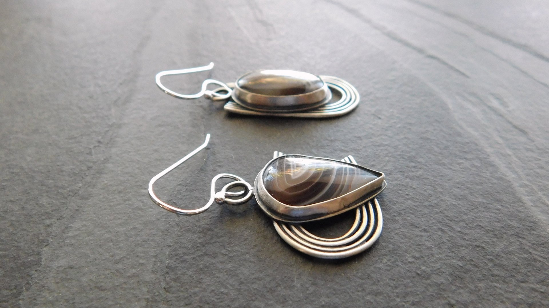 Brown Grey Botswana Agate Sterling Silver Mismatched Earrings