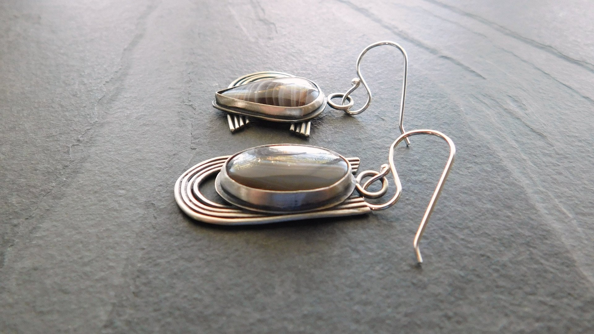 Brown Grey Botswana Agate Sterling Silver Mismatched Earrings