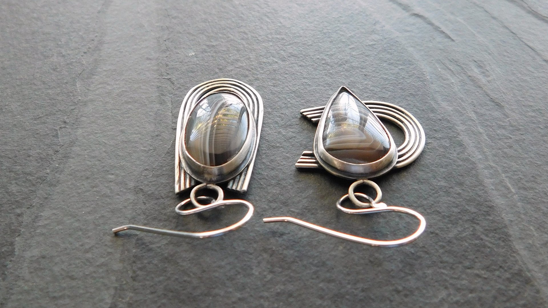 Brown Grey Botswana Agate Sterling Silver Mismatched Earrings