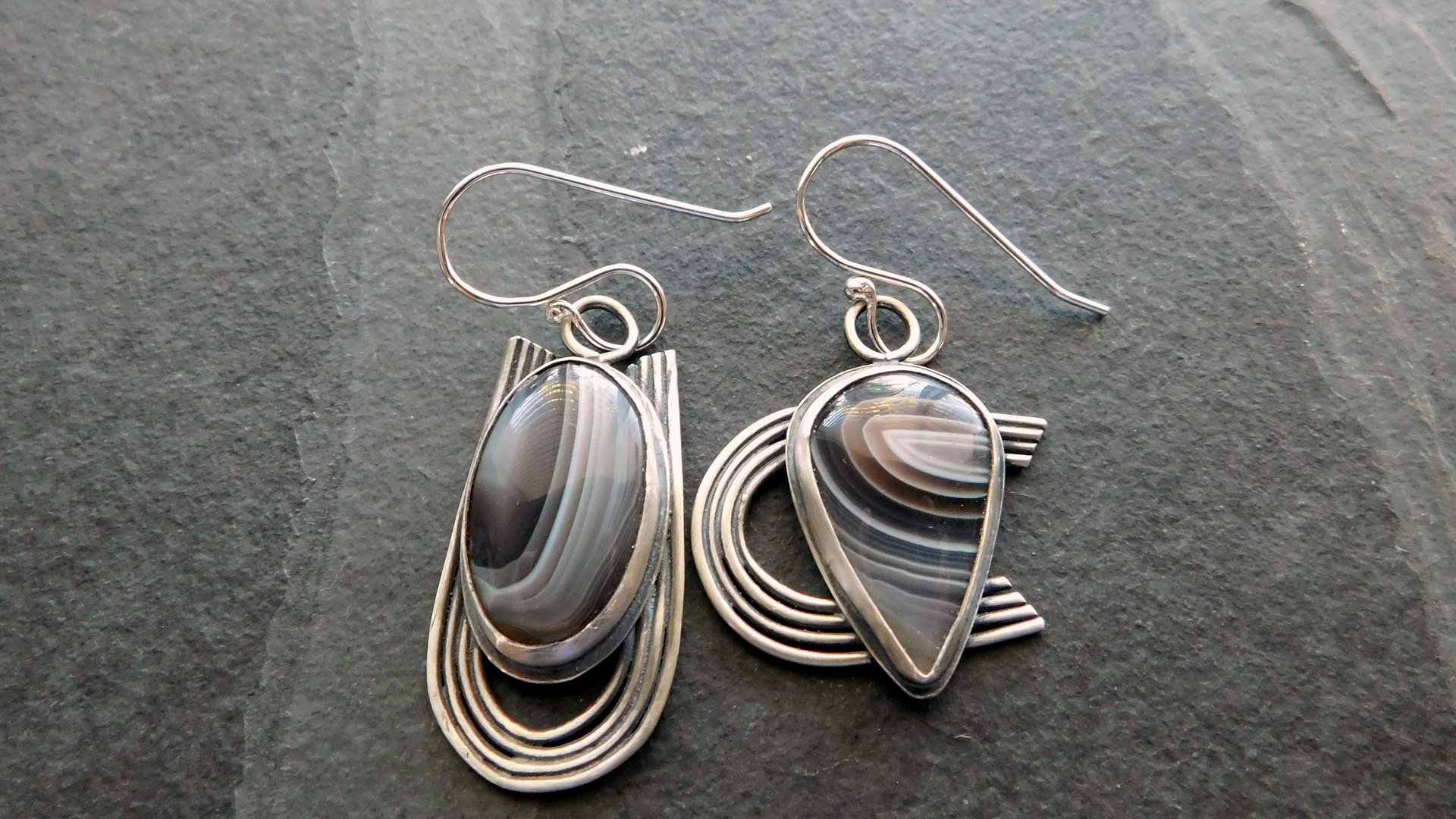 Brown Grey Botswana Agate Sterling Silver Mismatched Earrings