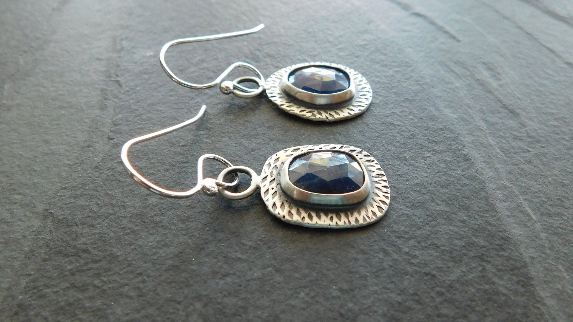 Royal Blue Sapphire Sterling Silver Stamped Textured Mismatched Dangle Earrings