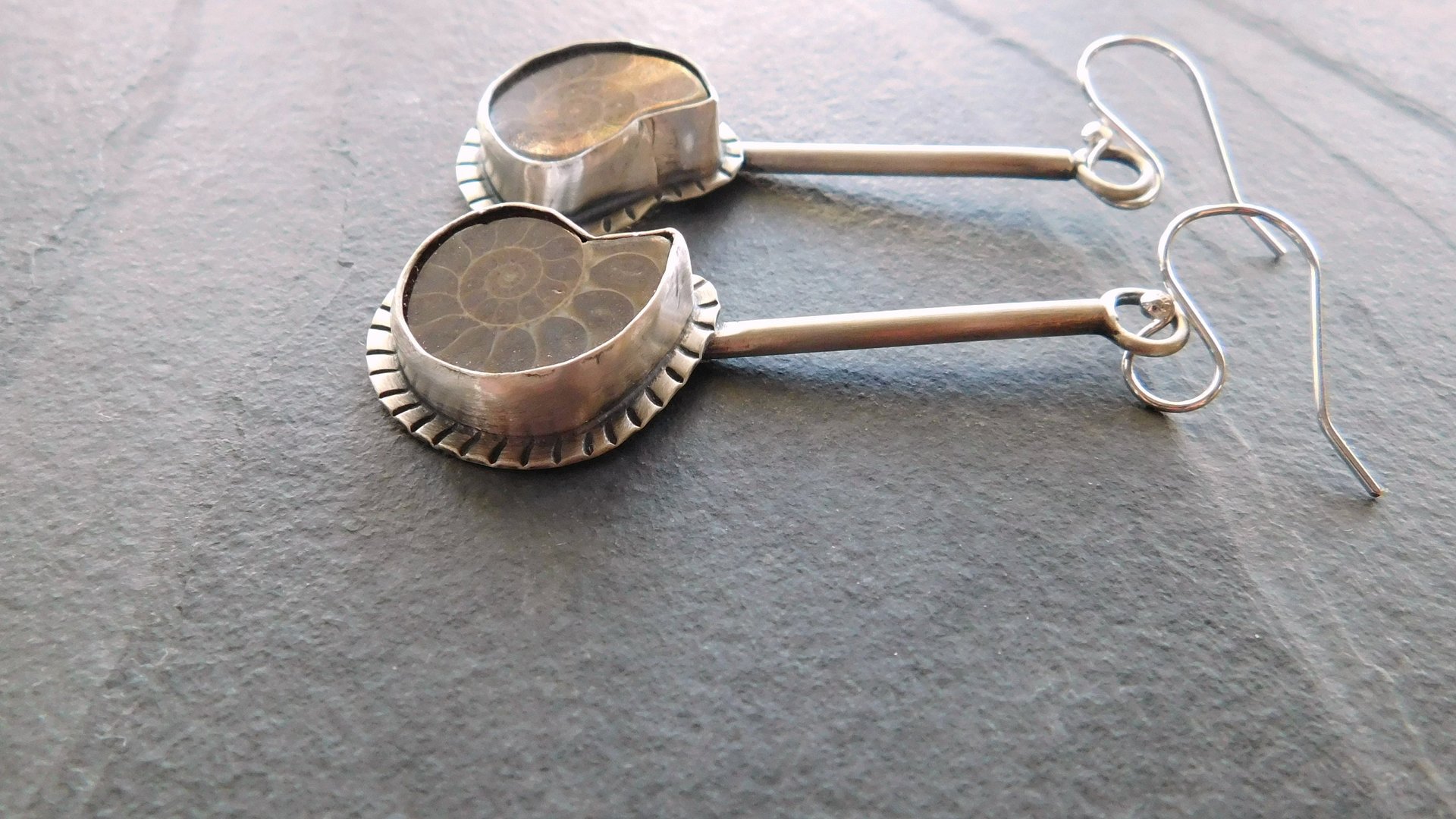 Natural Ammonite Stone Stamped Sterling Silver Long Swing Dangle Earrings