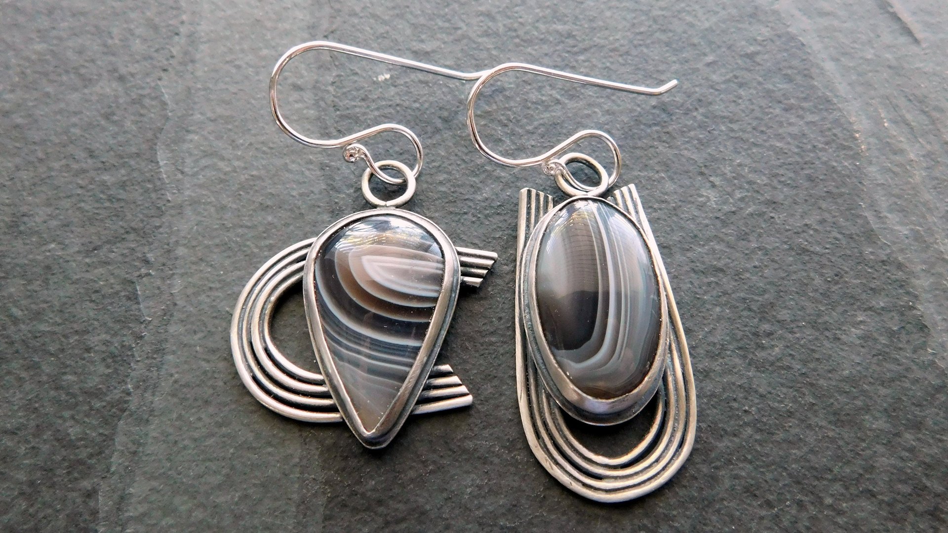 Brown Grey Botswana Agate Sterling Silver Mismatched Earrings