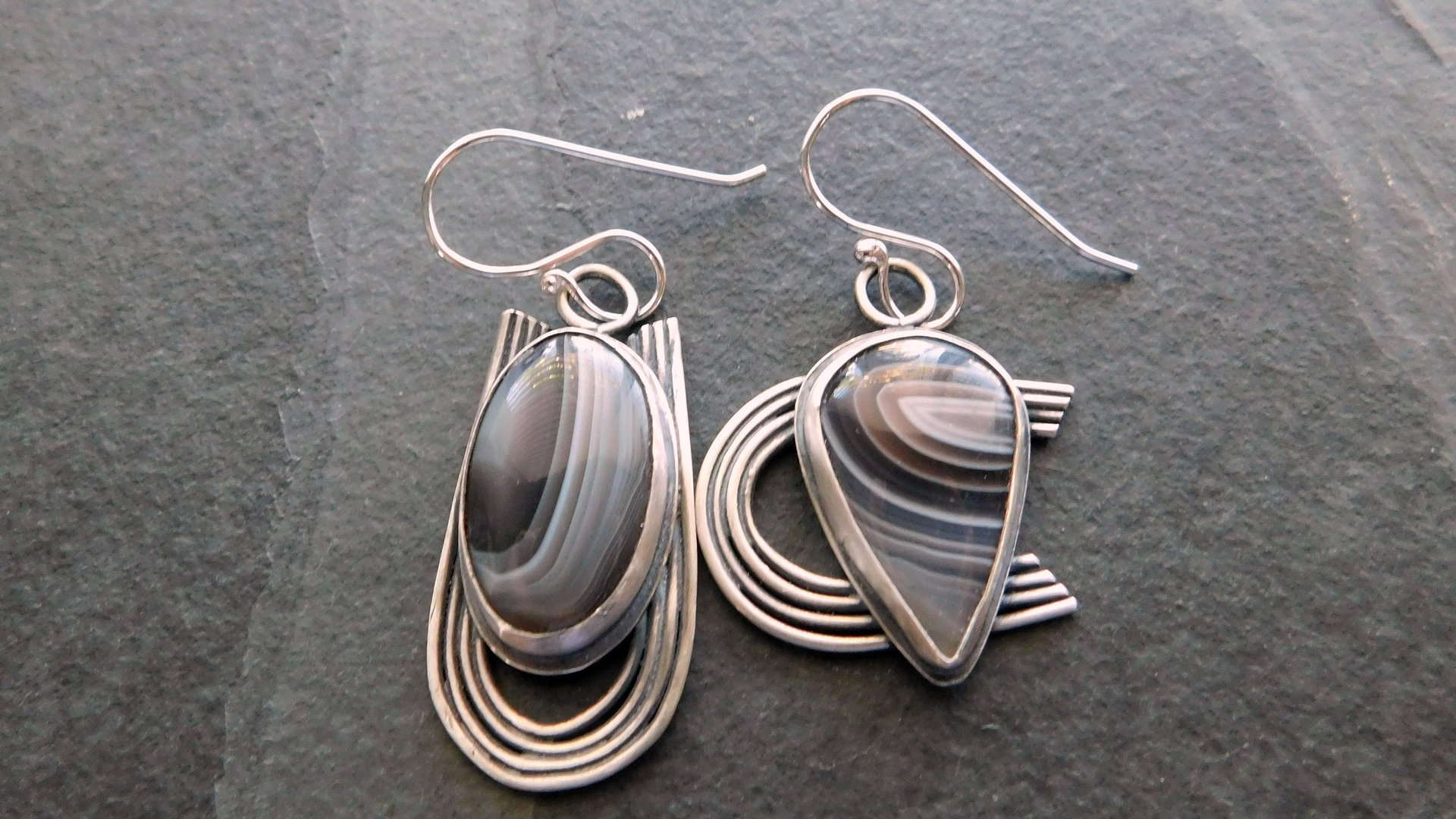 Brown Grey Botswana Agate Sterling Silver Mismatched Earrings