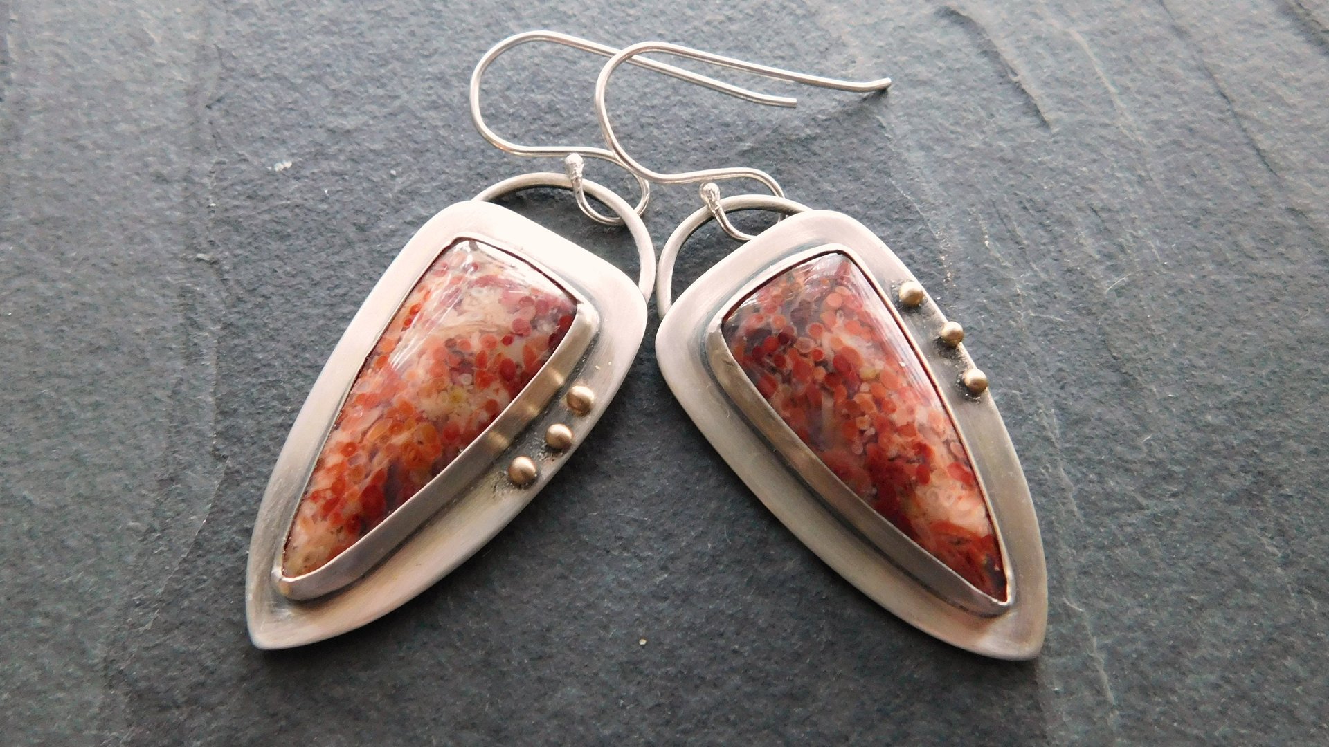 Petrified Fern Fall Color Stone Sterling Silver 14k Gold Earrings, Mixed Metal Orange Red Stone Dangles