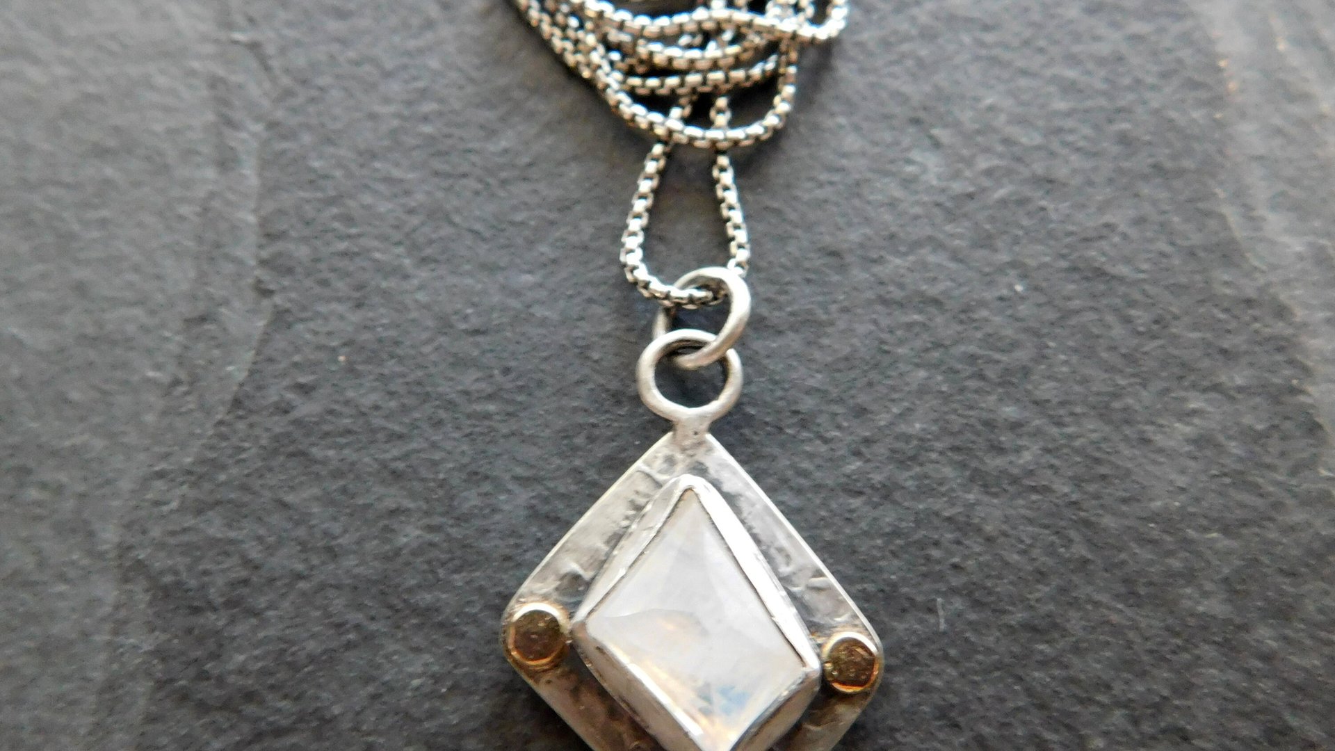 Faceted Rainbow Moonstone Hammered Texture Sterling Silver 14K Gold Mixed Metal Pendant Necklace