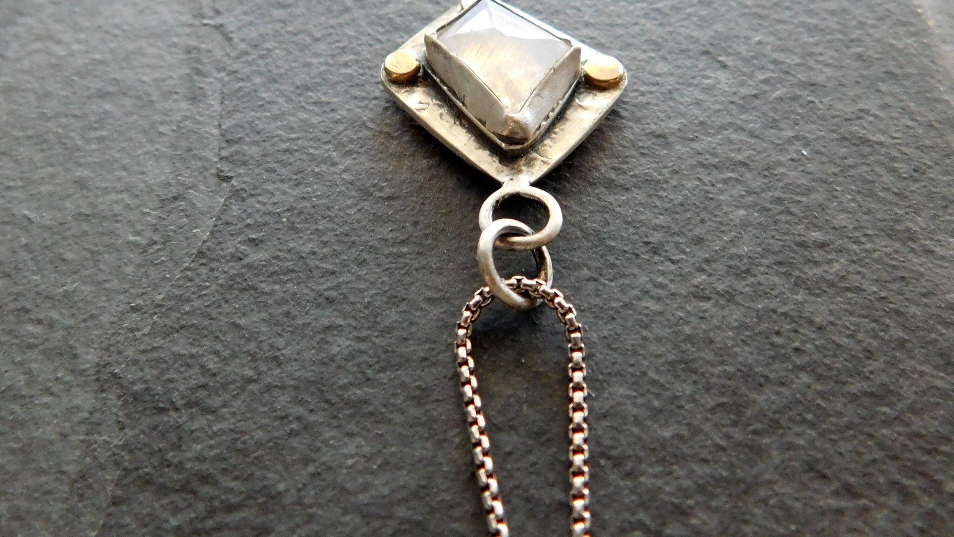 Faceted Rainbow Moonstone Hammered Texture Sterling Silver 14K Gold Mixed Metal Pendant Necklace