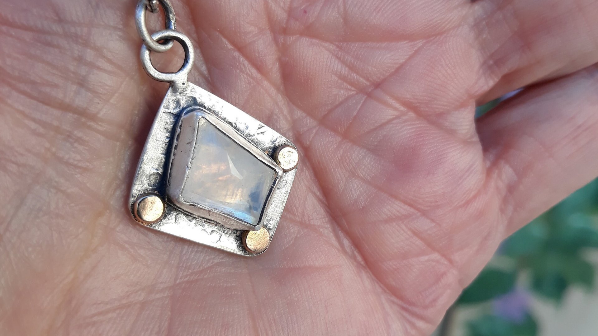 Faceted Rainbow Moonstone Hammered Texture Sterling Silver 14K Gold Mixed Metal Pendant Necklace