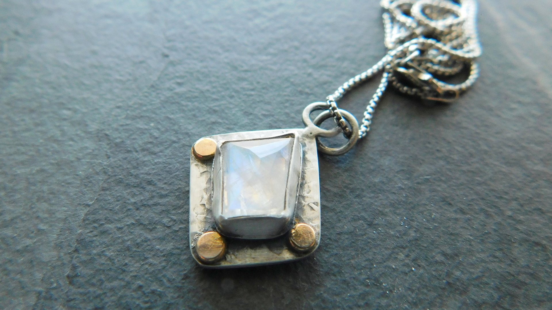 Faceted Rainbow Moonstone Hammered Texture Sterling Silver 14K Gold Mixed Metal Pendant Necklace