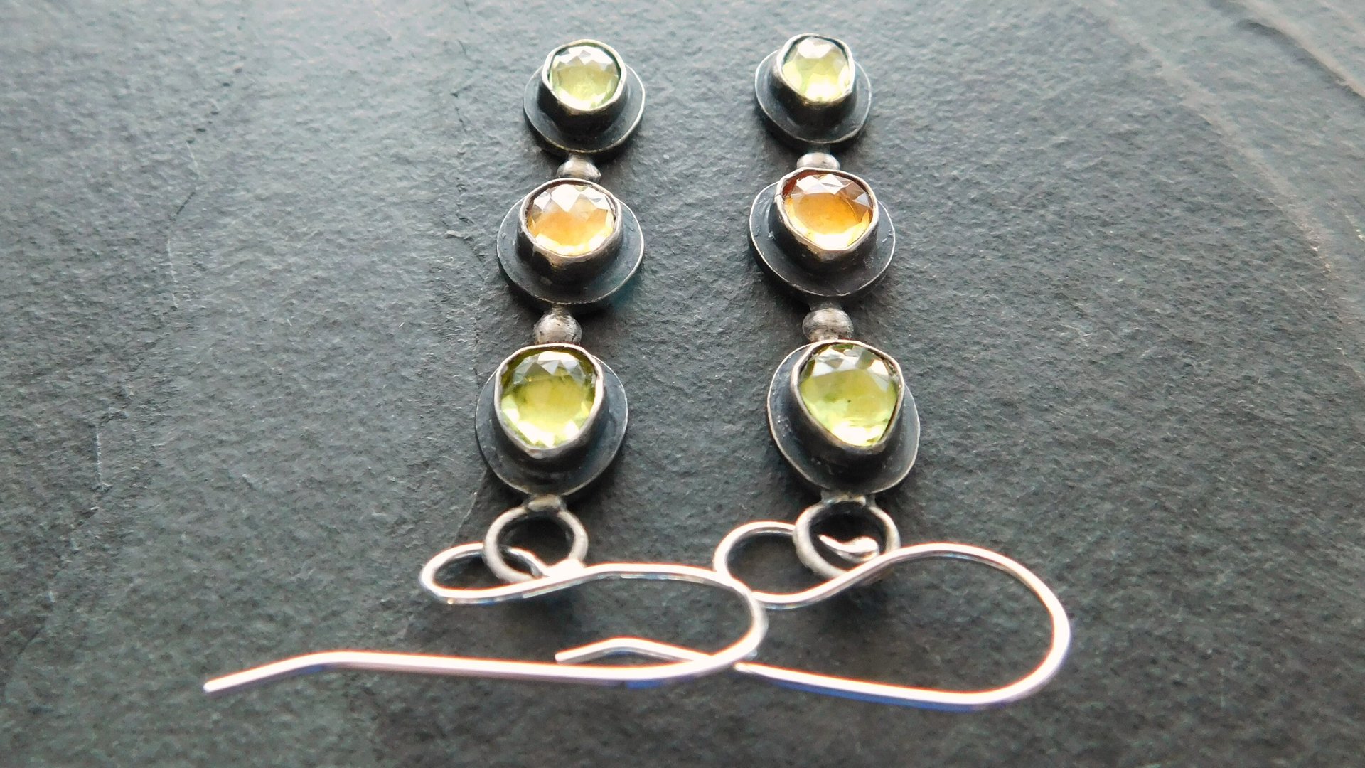Peridot Citrine Multi Stone Dark Patina Oxidized Sterling Silver Long Gemstone Dangle Earrings
