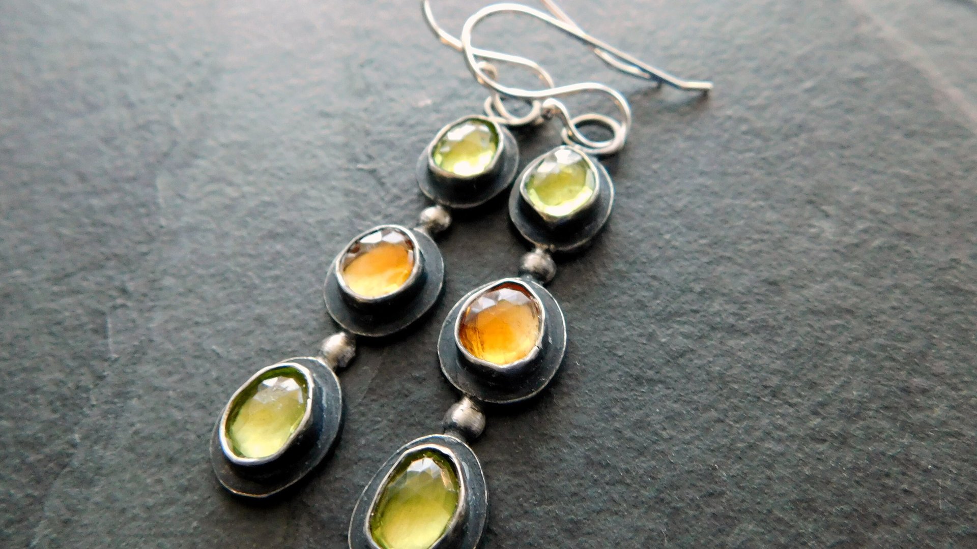 Peridot Citrine Multi Stone Dark Patina Oxidized Sterling Silver Long Gemstone Dangle Earrings