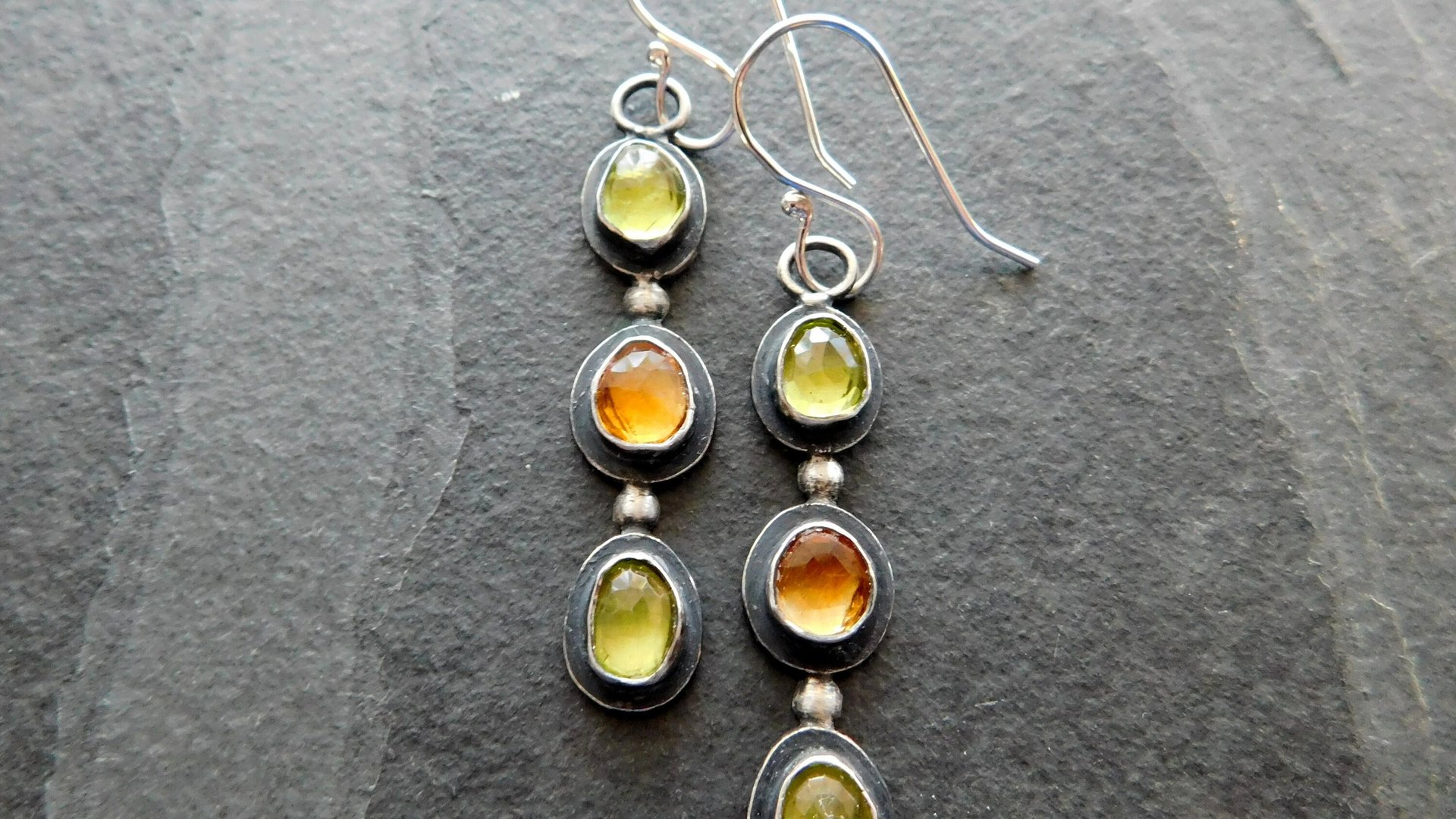 Peridot Citrine Multi Stone Dark Patina Oxidized Sterling Silver Long Gemstone Dangle Earrings