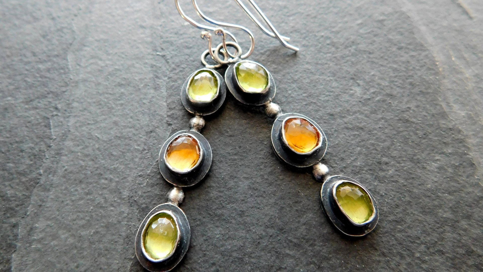Peridot Citrine Multi Stone Dark Patina Oxidized Sterling Silver Long Gemstone Dangle Earrings